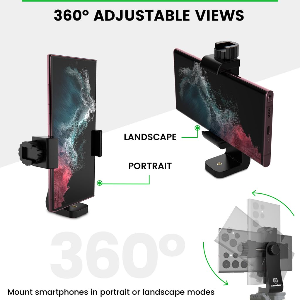 KobraTech iPhone Tripod Mount Adapter - Fits Any Smartphone - Includes Bluetooth Remote Shutter - UniMount 360 Universal Phone Holder for Tripod