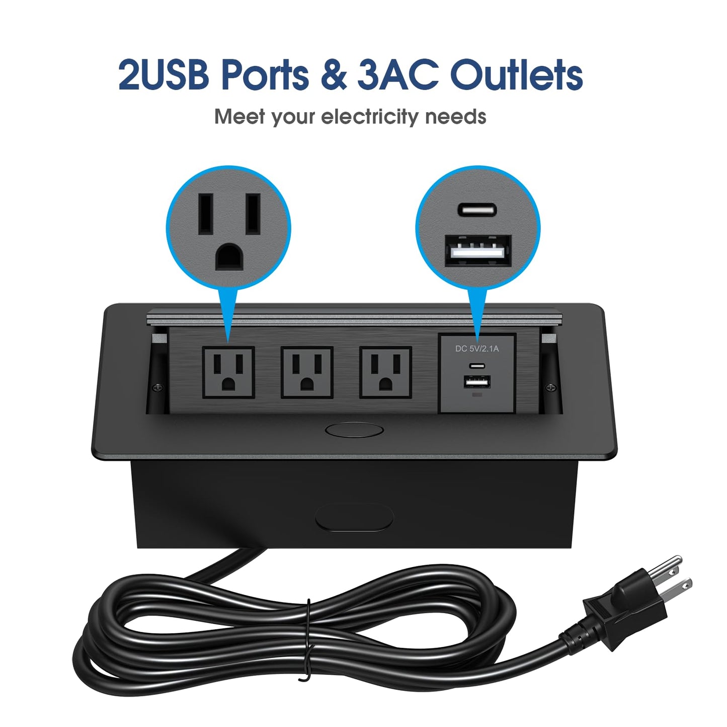KYHSHJ Connection Box Desktop Pop Up Outlet with 3 * 15A Receptacle?2.1A 1 USB-A Ports &1 USB-C Port?Corrosive Resistant Hardware,Black