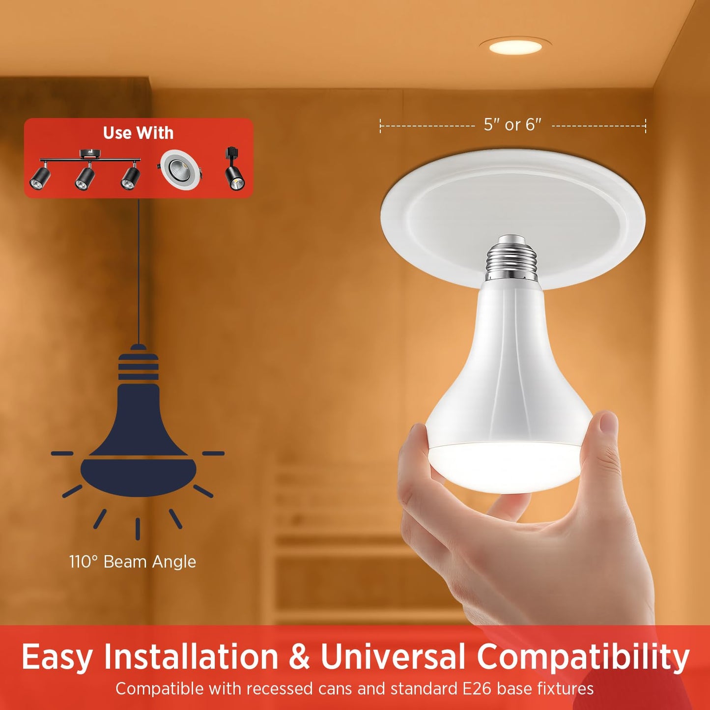 BR30 LED Light Bulb 4PK, 9W=65W, 650LM, 2700K Soft White, CRI90, Non-Dim