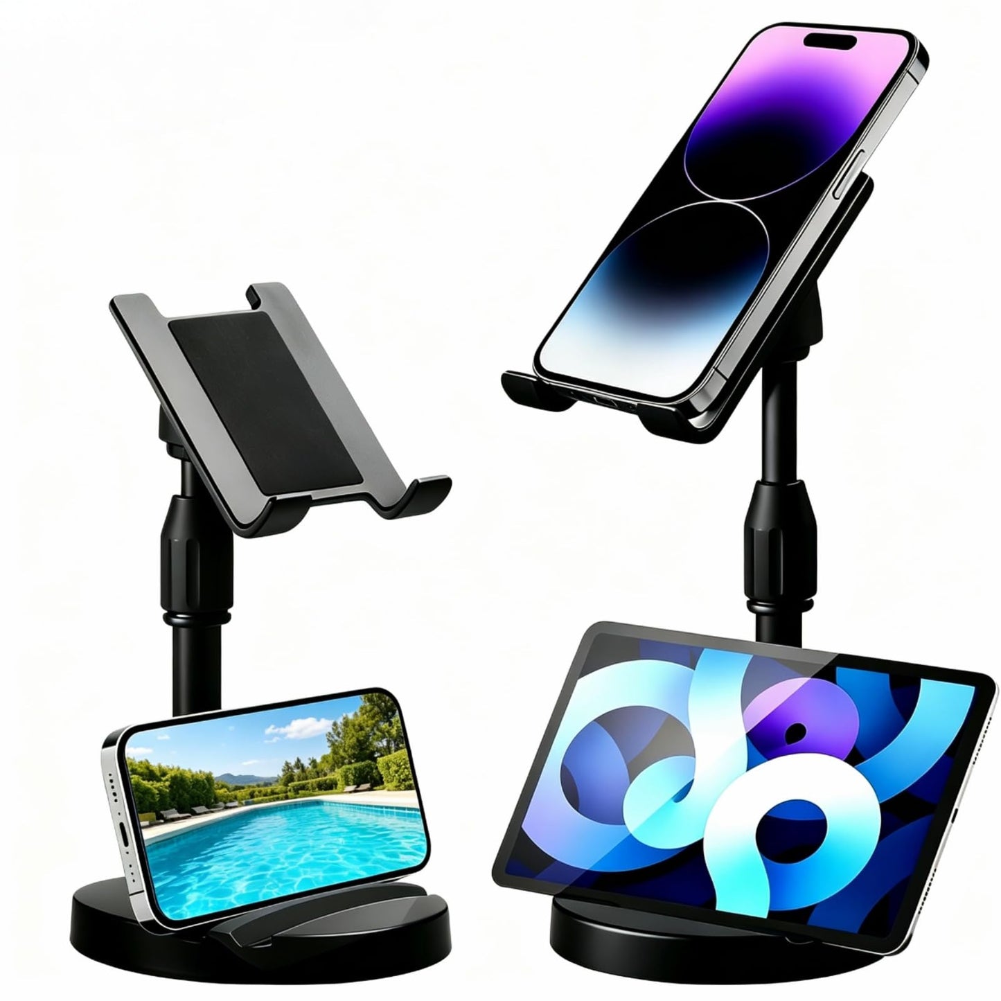 ZYEUNAGNB Adjustable Height Phone and Tablet Stand, Dual Device Holder with 360° Rotation, Sturdy Non-Sturdy Non-Slip Base with Card Slot