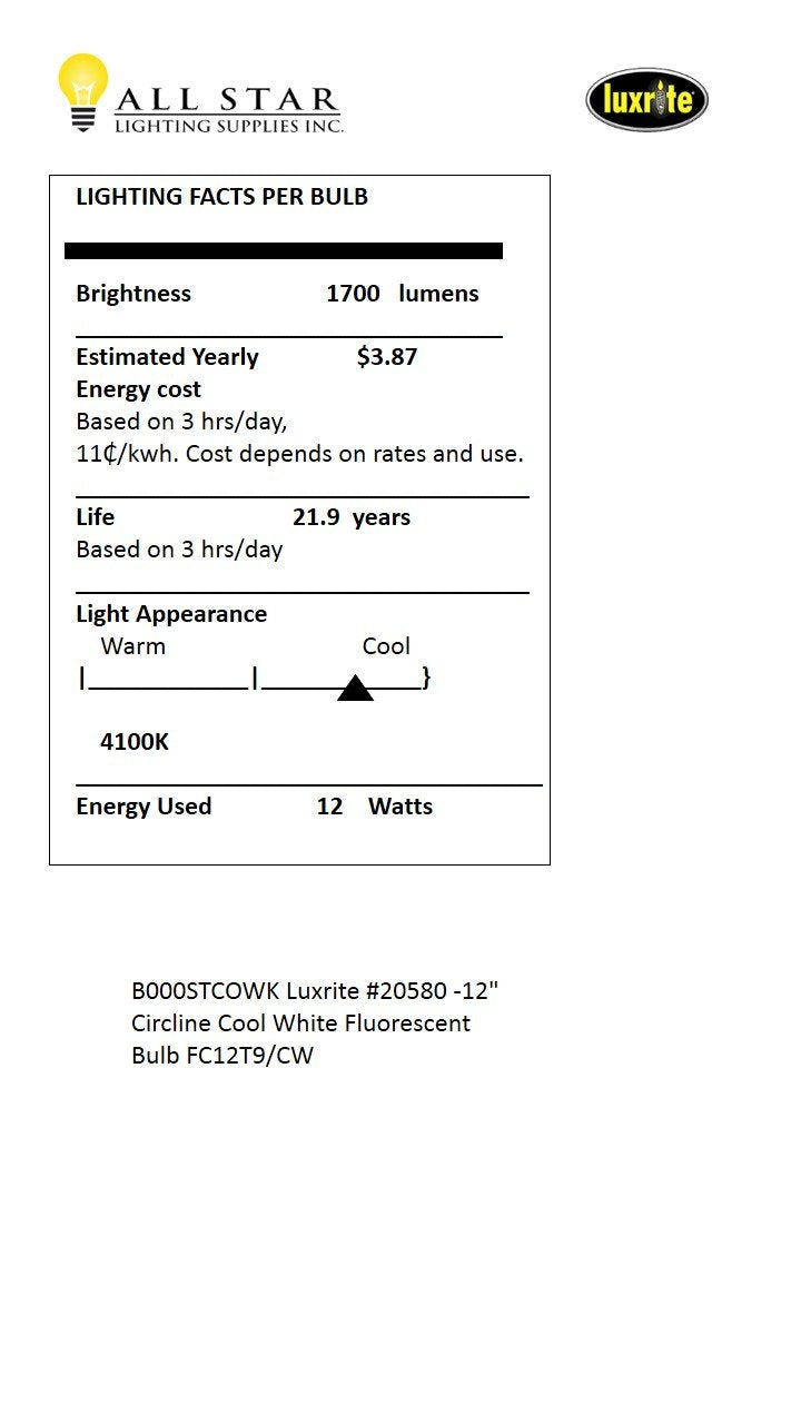 Luxrite #20580 -12" Circline Cool White Fluorescent Bulb FC12T9/CW