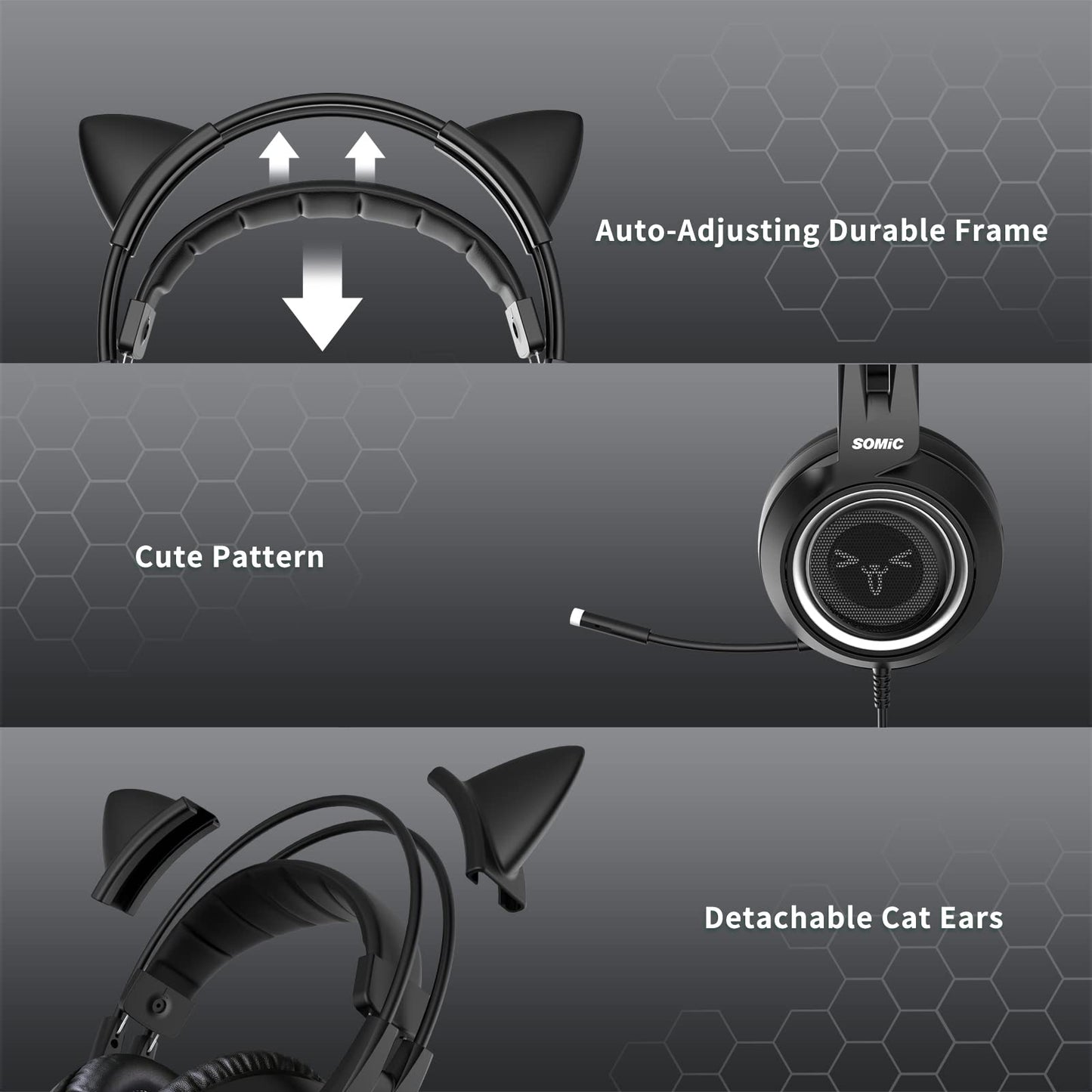SOMIC Stereo Gaming Headset with Mic for PS4, PS5, Xbox One, PC, Mobile Phone, 3.5MM Sound Detachable Cat Ear Headphones Lightweight Self-Adjusting