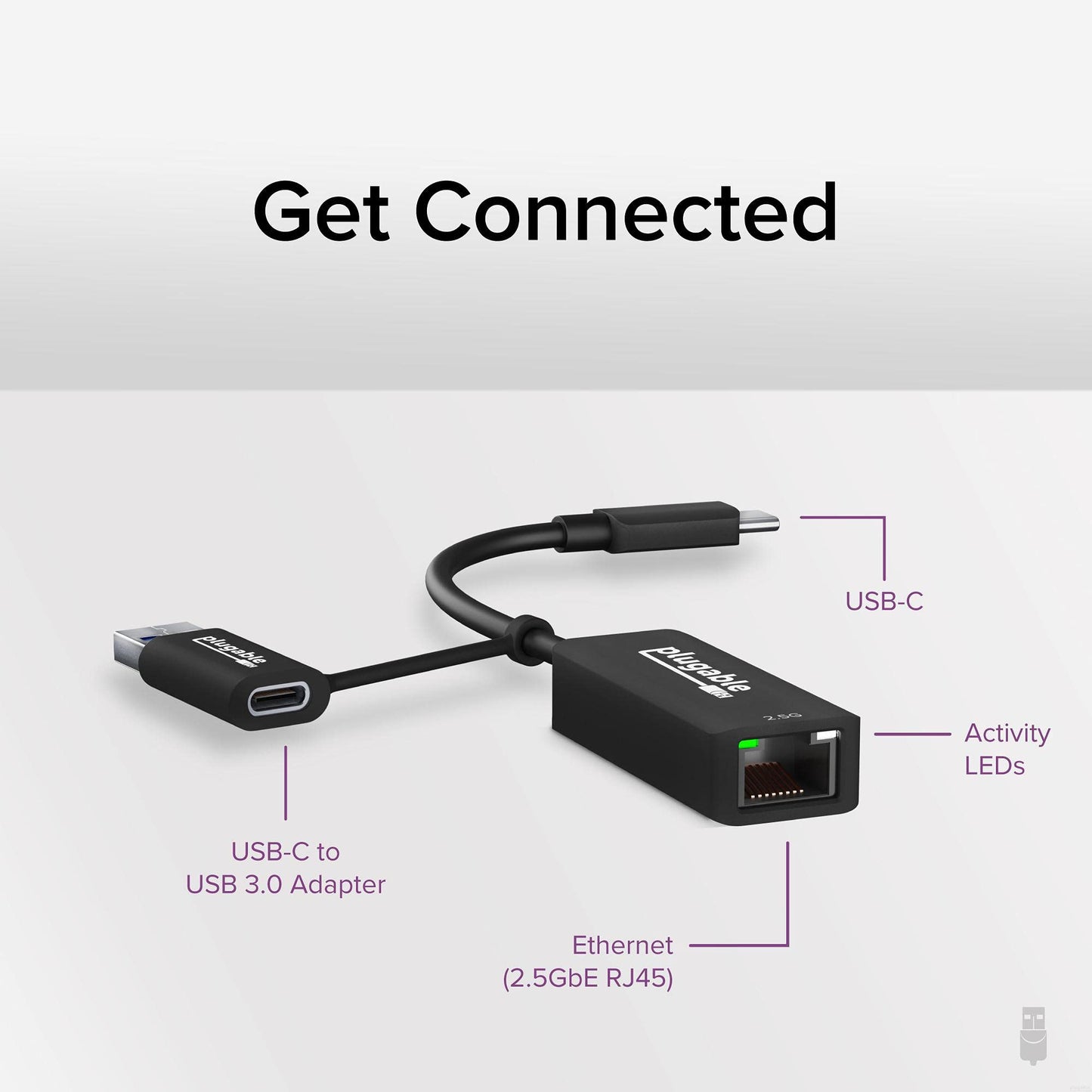 Plugable 2.5G USB-C and USB to Ethernet Adapter - Dual-Connector 2-in-1 USB-C to RJ45 2.5Gbps LAN, Compatible with Thunderbolt 5 & 4, USB4, USB 3.0