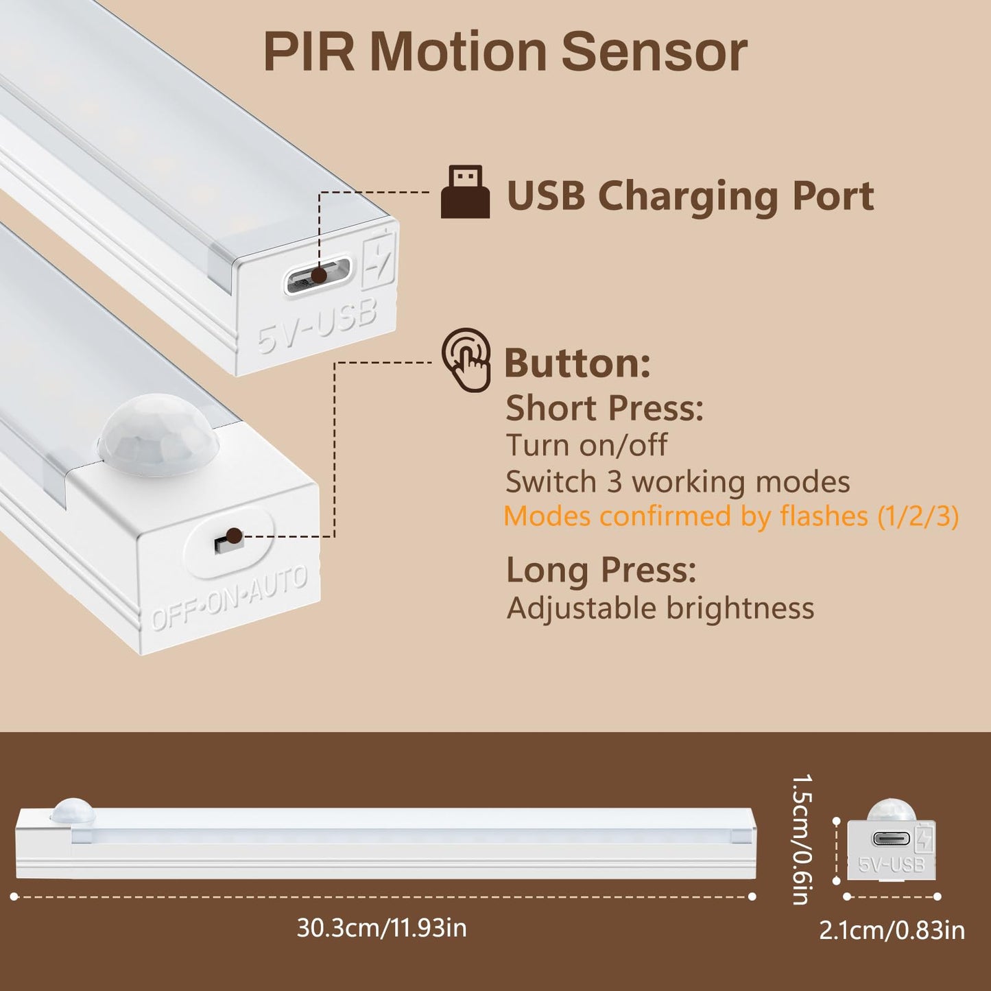 DWEPTU Rechargeable Motion Sensor Light Indoor, 12” LED Under Cabinet Lighting with 3 Modes & Memory Dimming, Stick On Lights for Closet, Kitchen