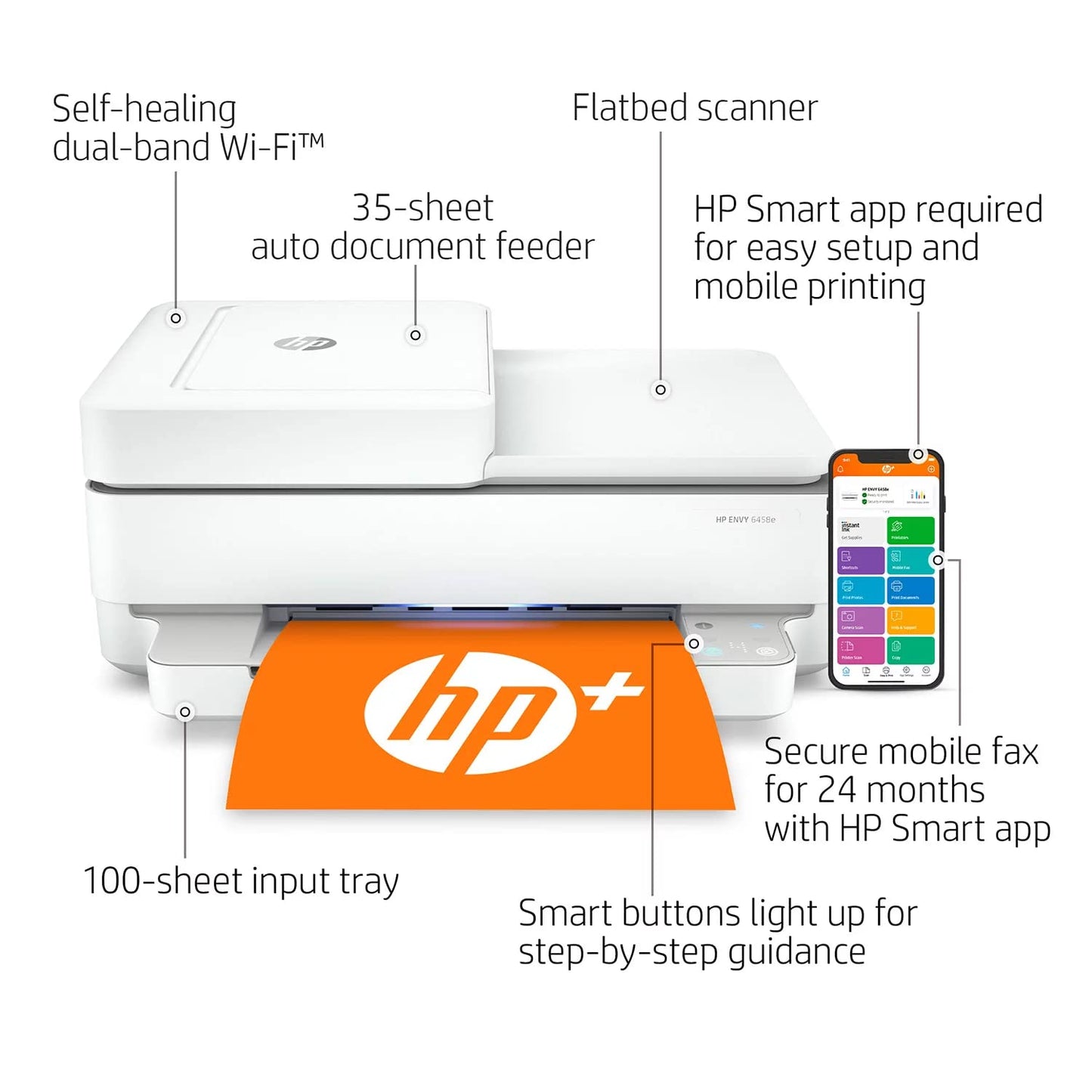 HP Envy 6458e All-in-One Wireless Color Inkjet Printer, 2-Sided Printing, Copy, scan, Fax, 10 ppm, 4800 x 1200 dpi, 35-Sheet ADF, Dual-Band WiFi