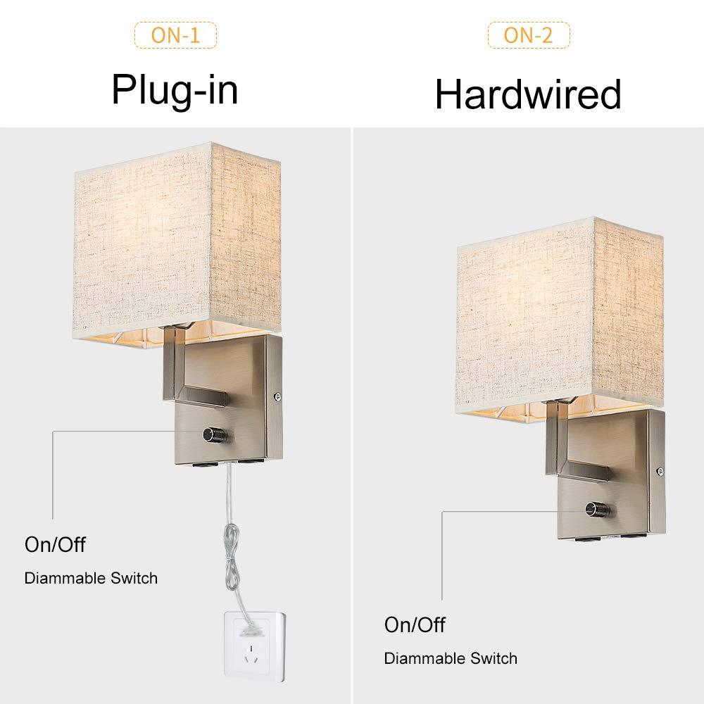 Bedside Wall Mount Light with Dimmer Switch and Two USB Charging Port,Fabric Linen Shade Wall Sconces Light with Plug in Cord and Satin Nickel Finish