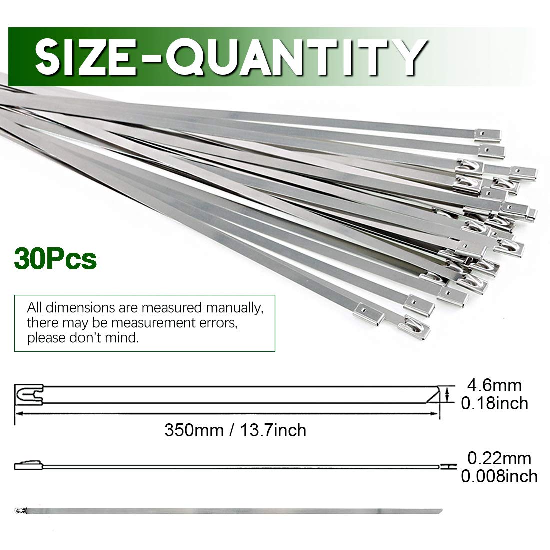 Keadic 30Pcs 14 Inches 304 Stainless Steel Zip Ties Exhaust Wrap Coated Locking, Metal Cable Zip Ties for Computer Wire Harness, Automotive Parts