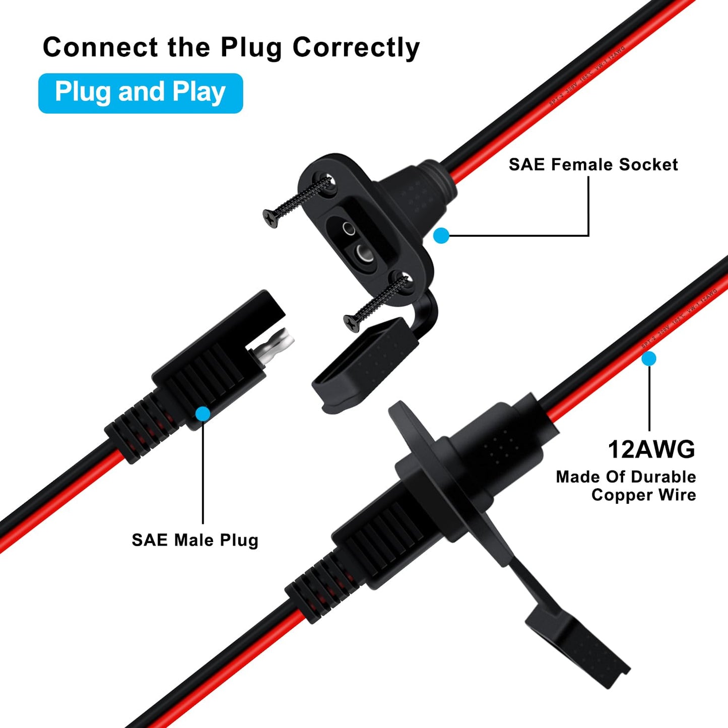 YINGAYOU 12AWG SAE Power Socket Sidewall with O Ring 8mm SAE Sidewall with Inline Fuse and O Rings 25A, for Charging Motorcycles Tractors Cars (12