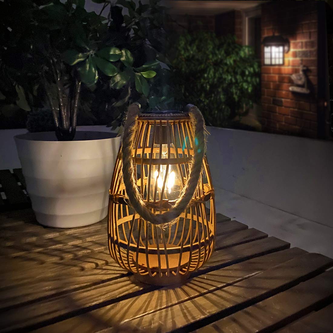 Natural Rattan Solar Lantern with Handle - Large Waterproof LED Decorative Garden Lights, Bright Rattan Solar Table Lamp for Yard, Patio, Wedding