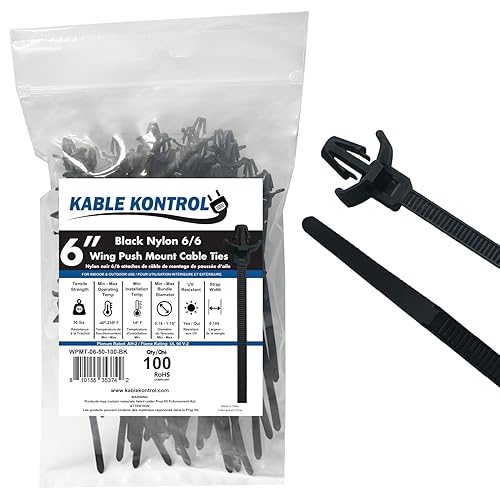 Kable Kontrol Winged Push Mount Cable Ties Nylon, 6 Inch 100 Pcs, 50 Lbs Tensile Strength, Self-Locking Zip Ties UV & Chemical Resistant Ideal