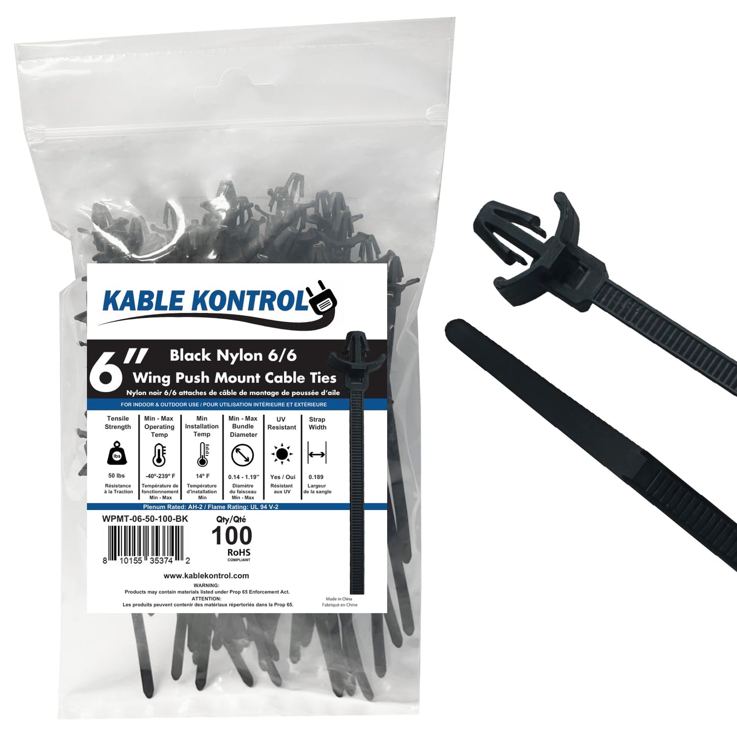Kable Kontrol Winged Push Mount Cable Ties Nylon, 6 Inch 100 Pcs, 50 Lbs Tensile Strength, Self-Locking Zip Ties UV & Chemical Resistant Ideal