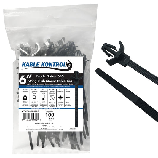 Kable Kontrol Winged Push Mount Cable Ties Nylon, 6 Inch 100 Pcs, 50 Lbs Tensile Strength, Self-Locking Zip Ties UV & Chemical Resistant Ideal