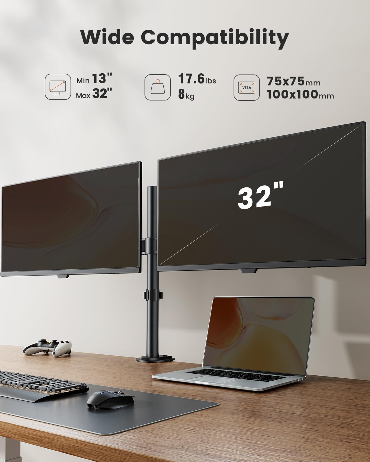 ErGear Dual Monitor Stand, Heavy Duty Adjustable Monitor Desk Mount for 2 Screens up to 32 Inches, Fully Adjustable Height, Tilt, Swivel, Rotate
