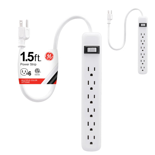 GE 6-Outlet Power Strip, 2 Pack, 1.5 Ft Extension Cord, Heavy Duty Plug, Grounded, Integrated Circuit Breaker, 3-Prong, Wall Mount, ETL Listed, White
