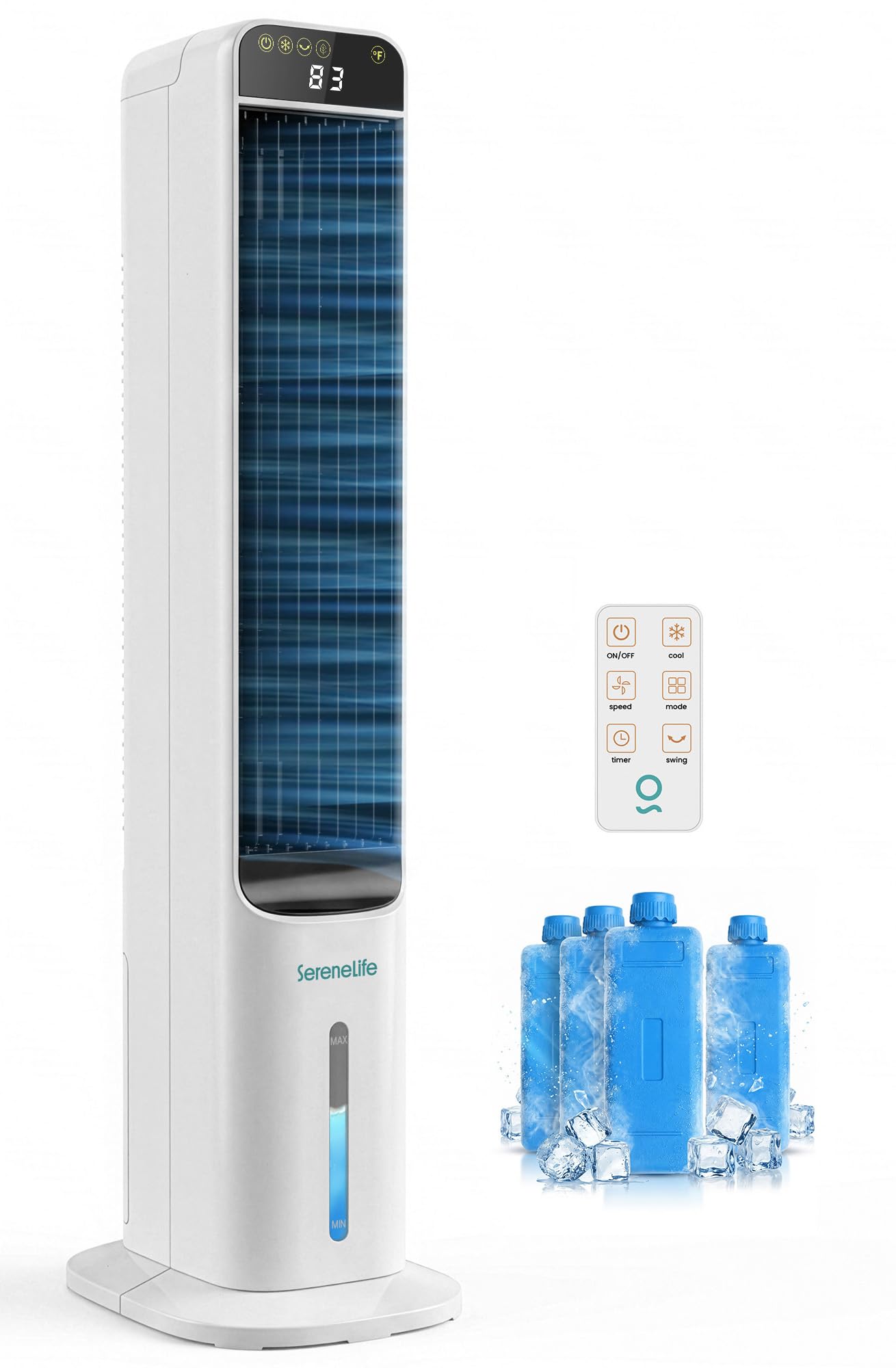 SereneLife Evaporative Air Cooler Tower Fan with Remote, 5L Water Tank, 4 Ice Boxes, 3 Speeds, 60° Oscillation, Quiet Portable Swamp Cooler, Cooling