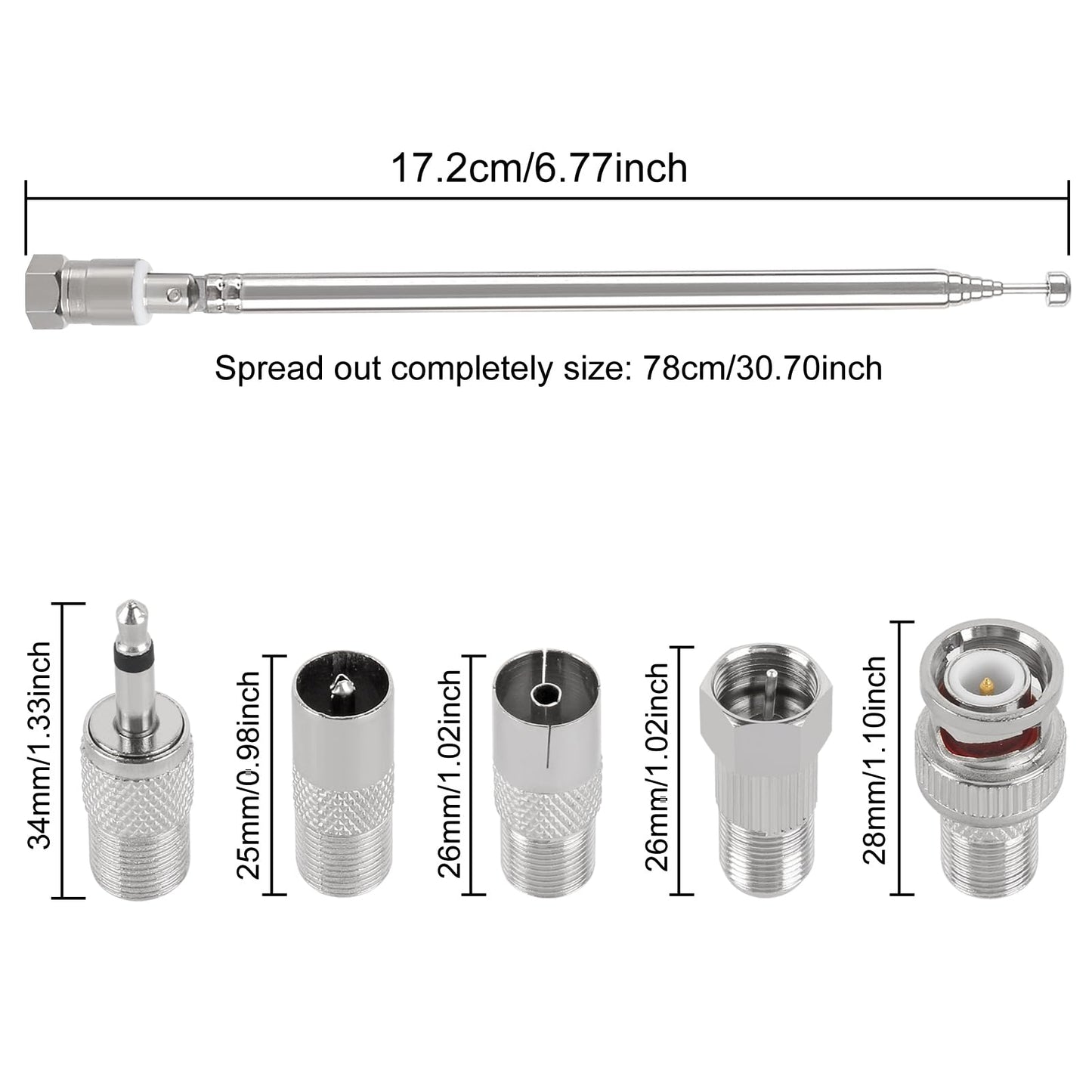 FM Radio Telescopic Antenna 75 Ohm F Type Male Plug with Adapter for Indoor FM/AM Radio Table TV, HiFi AV Stereo Receiver, Mini System