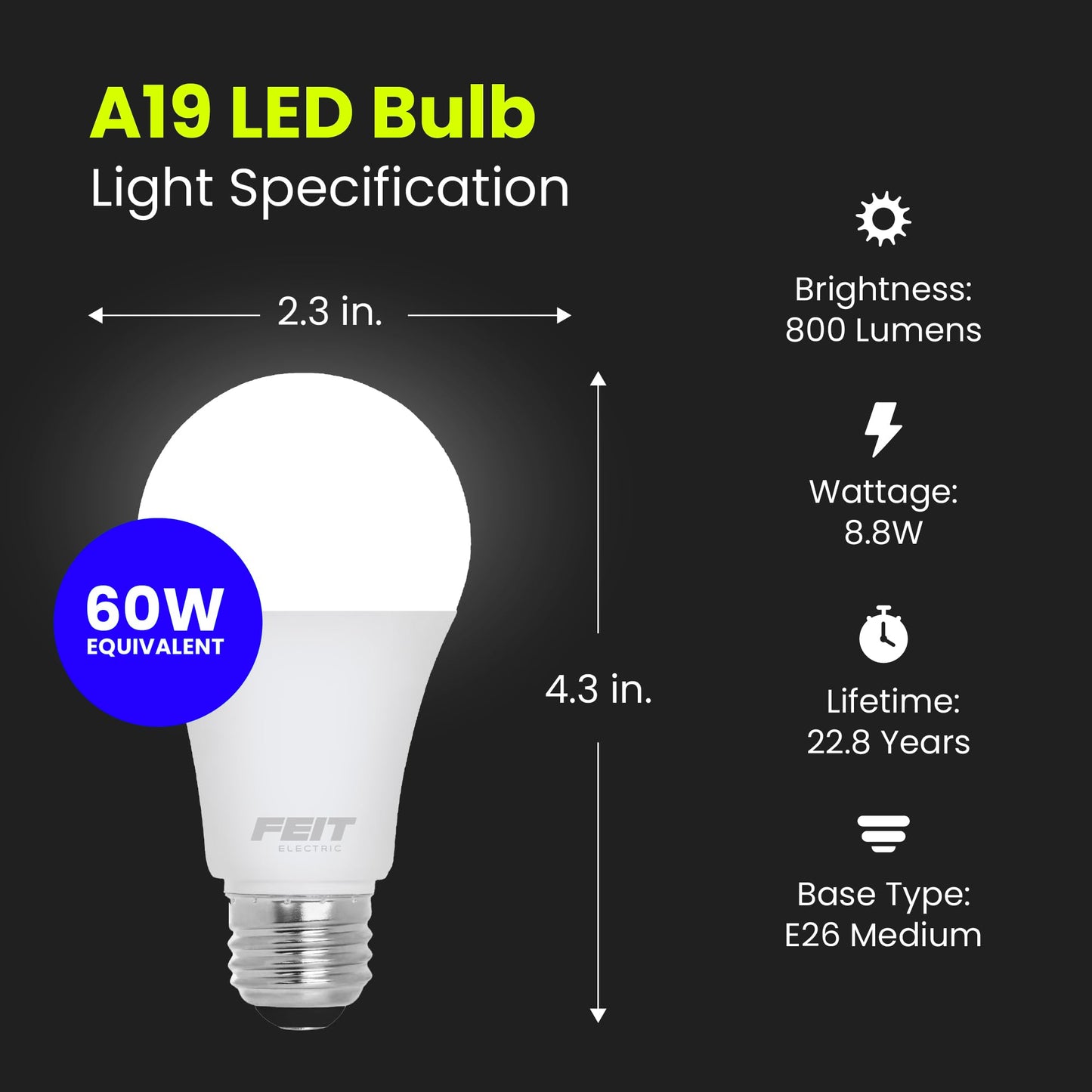 Feit Electric A19 LED Light Bulbs, 60W Eq, Dimmable, Daylight 8 Pack