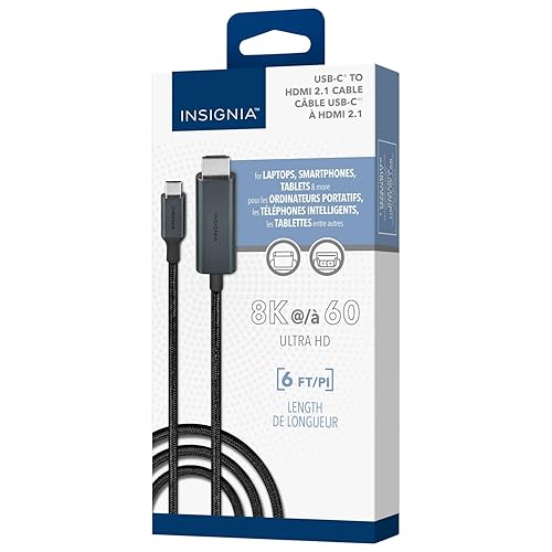 INSIGNIA 6 ft. 8K Ultra HD USB-C to HDMI 2.1 Braided Cable, 8K High-Resolution, 48Gbps high-Speed Data Transfer, Gold Plated connectors for Laptop