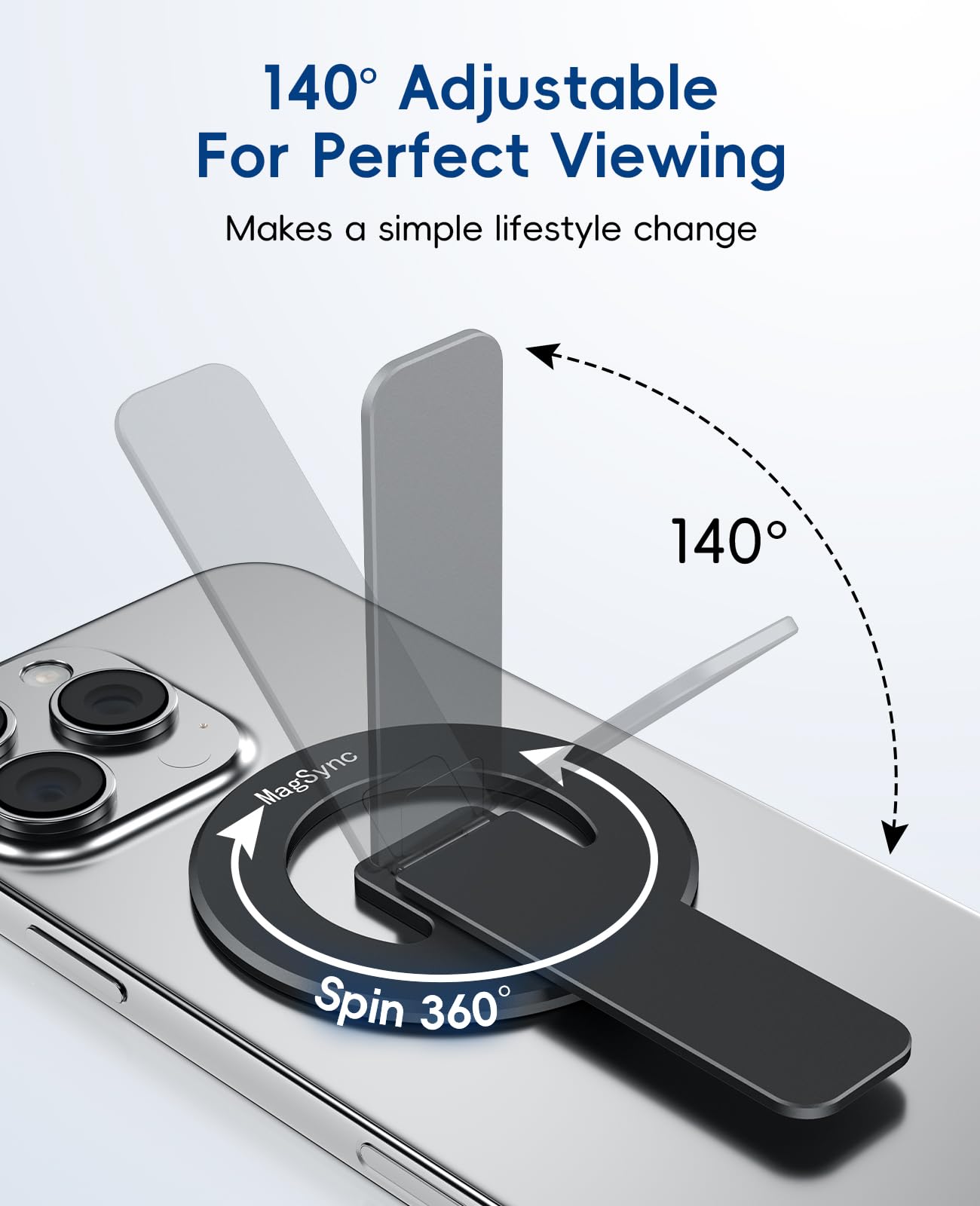 MagSync Magnetic Phone Stand for Mag-Safe, 3 in 1 Phone Grip Holder with Kickstand, Ultra-Thin, Adjustable Angle & Pocket Portable - Black