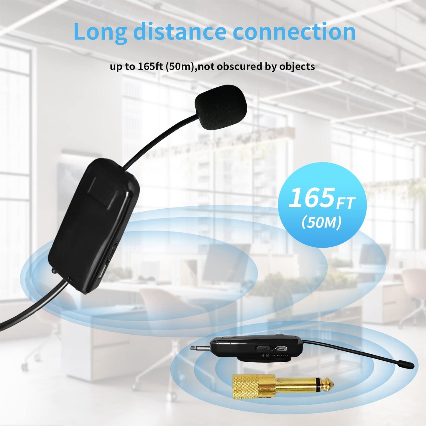 HUACAM 2.4G Wireless Microphone System for Two People, 165 ft Long Range, Stable Transmission, Portable Headset Microphone for Voice Amplifier, PA