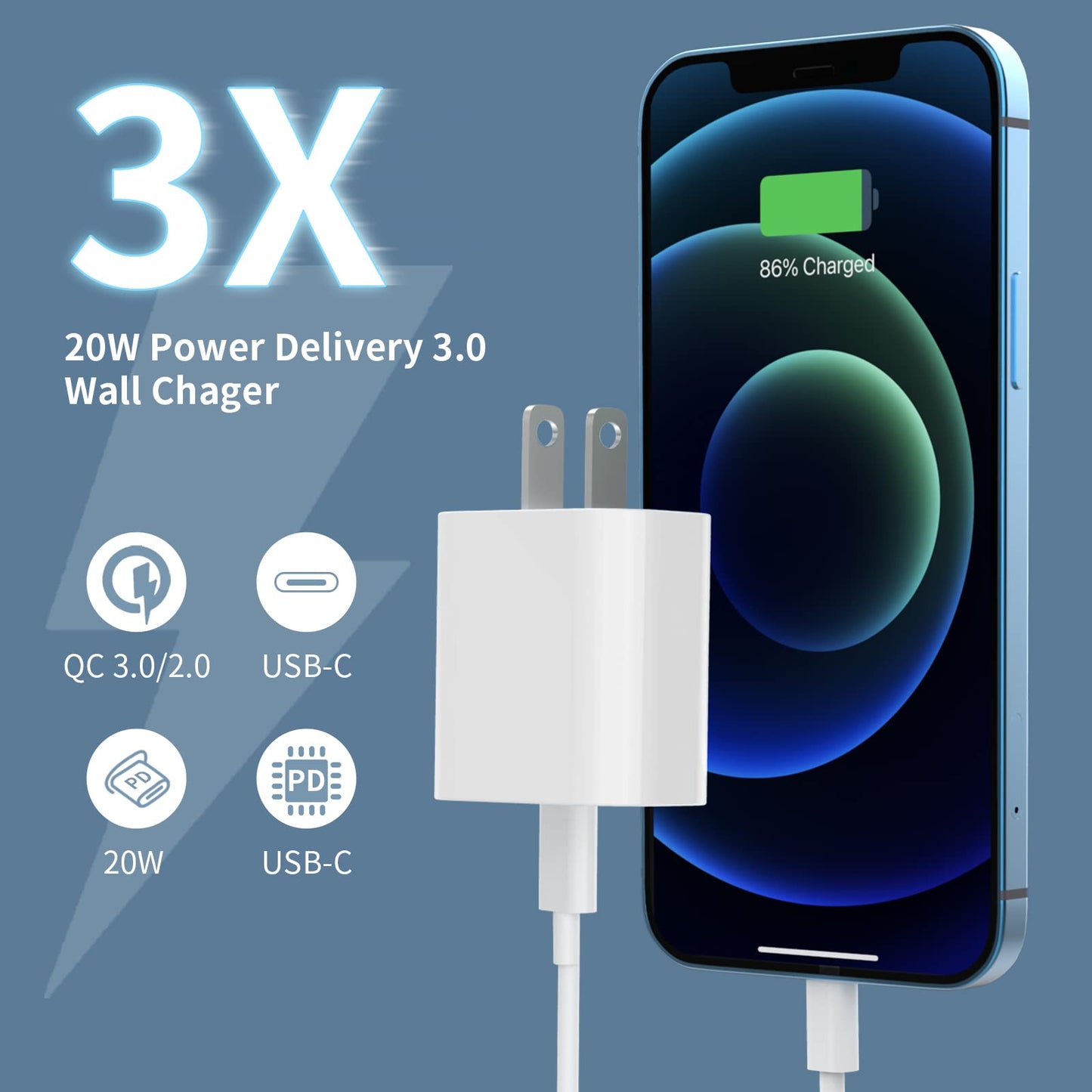 3 Pack USB C Charger Block Fast Charging Adpater PD 20W USB-C Port for i Phone 16/15/14/13/12/11/X/8, i Pad, Sam Sung, Go Ogle, Galaxy & More - White