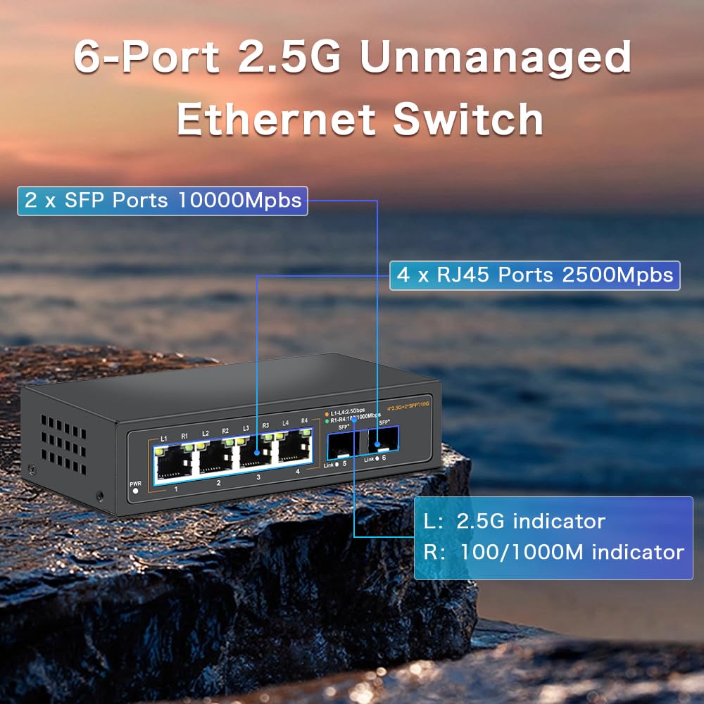 Davuaz 2.5G Unmanaged Ethernet Switch with 4 x 2.5G Base-T Ports and 2 x 10G SFP+ Uplink Ports, Compatible with 100/1000/2500Mbps, Fanlesss Design