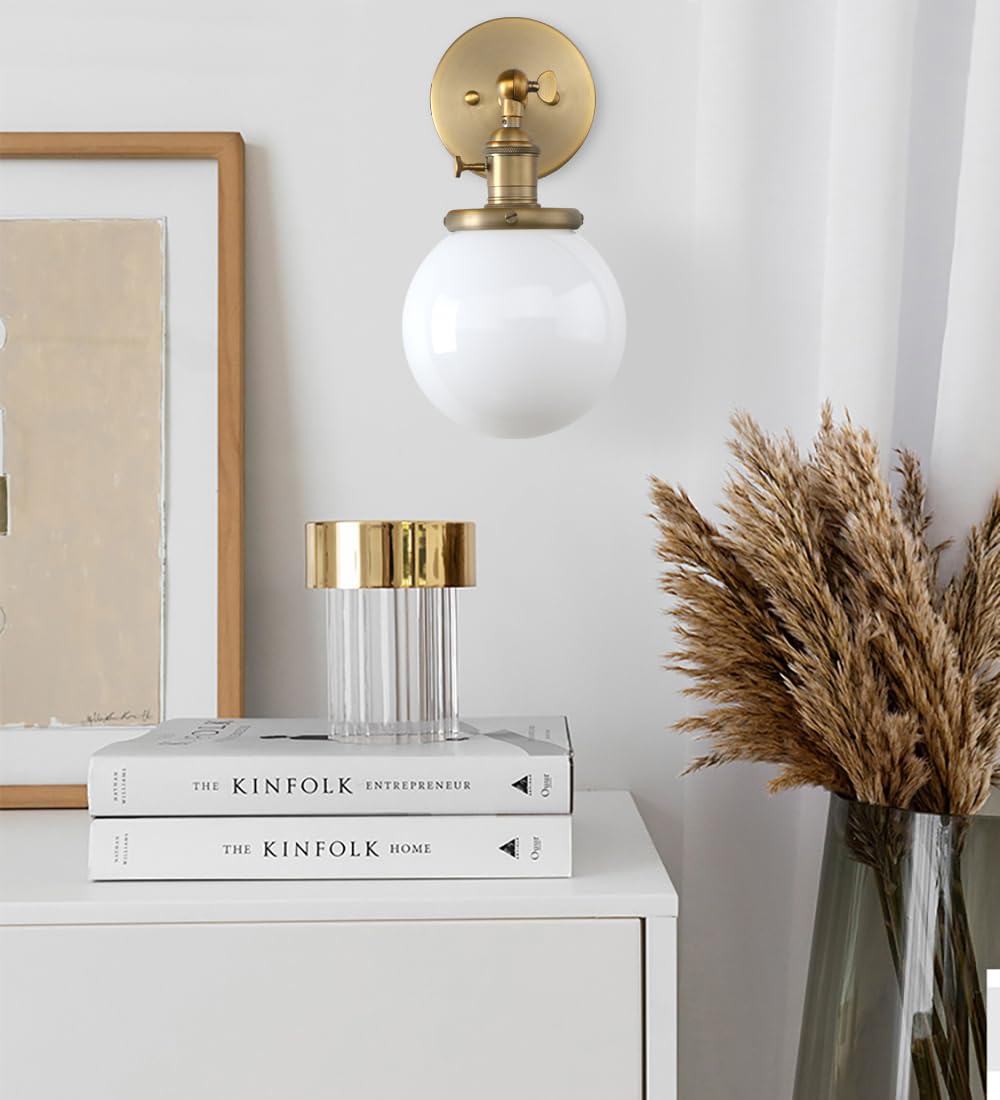 Pathson Hardwired Wall Sconce with White Globe, Brass Bathroom Vanity Light with On Off Switch, Vintage Wall Light Fixtures for Living Room Loft