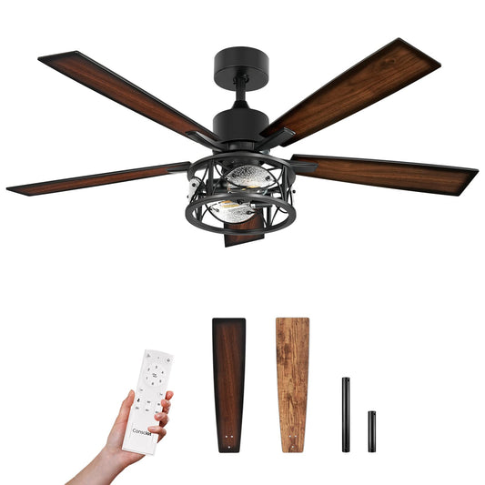 Consciot Ceiling Fan With Lights, 52 Inch Farmhouse Indoor Ceiling Fan With Remote, Quiet Reversible DC Motor, 5 Double Finish Wood Blades, Easy Dual