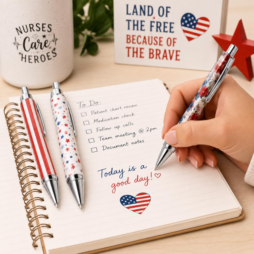 8PC Patriotic Pens Gift Set American Flag Inspired Ballpoint Writing Pens Red White Blue USA Themed Patriots Floral Office Desk Journal Planner