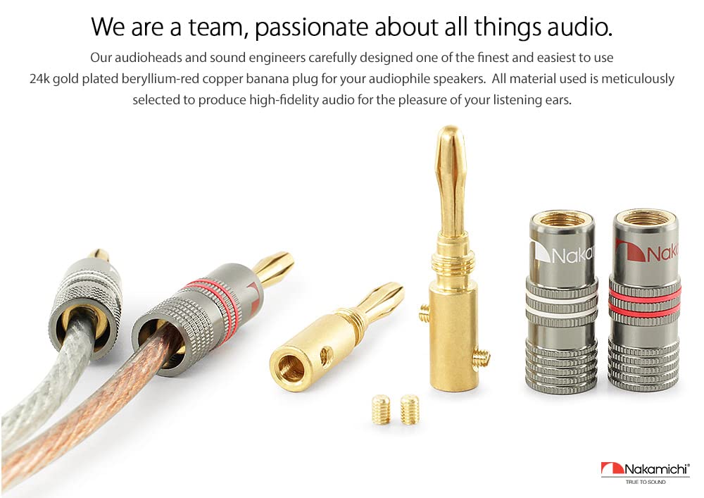 Nakamichi Ultimate Series 24K Gold Plated Beryllium Red Copper Banana Plug 12-18 AWG Gauge Size 4mm Connector for Speakers Wire Amplifiers Hi-Fi Sound