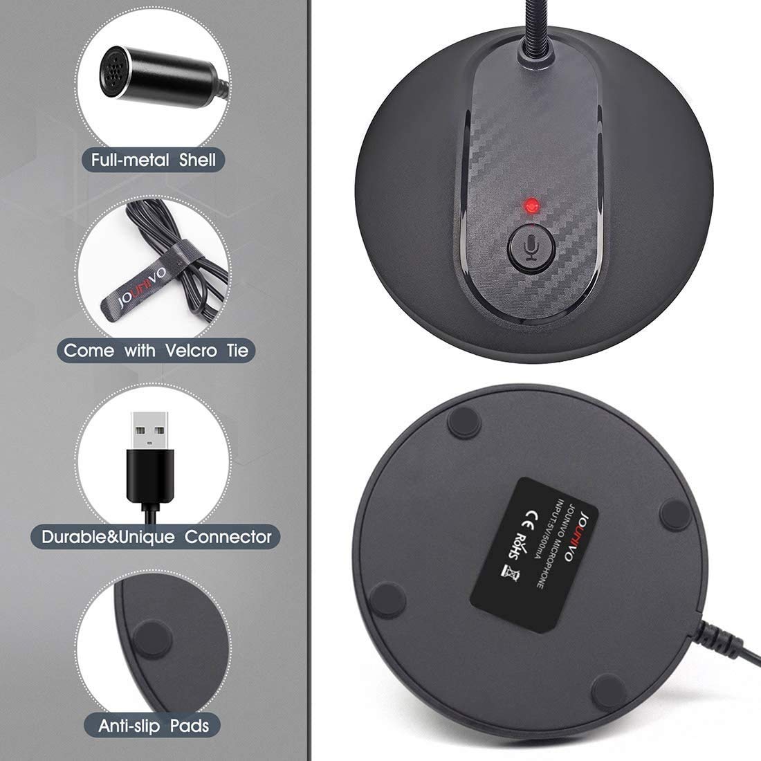 JOUNIVO USB Microphone, 360 Degree Adjustable Gooseneck Design, Mute Button & LED Indicator, Noise-Canceling Technology, Plug & Play, Compatible