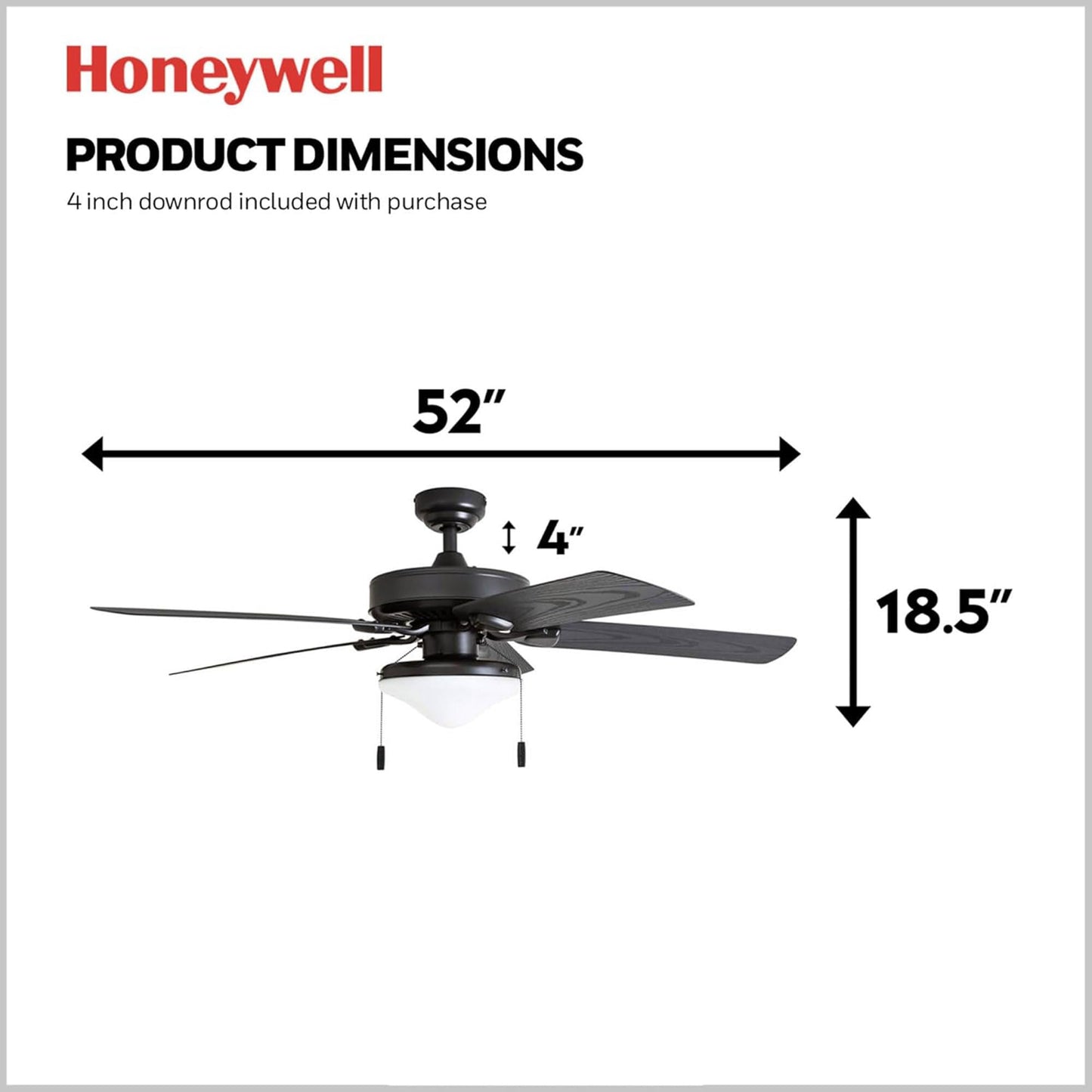 Honeywell Ceiling Fans Belmar 52 Inch Ceiling Fan With Light, Indoor/Outdoor Ceiling Fan with Pull Chain, LED Tri-Mount 5 Blade Design, ETL Damp
