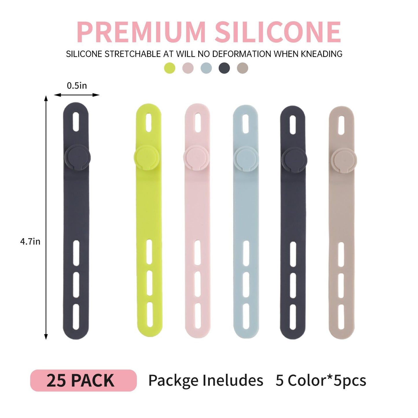 Oligei 25 Pcs Silicone Cable Ties, Cable Ties Reusable, High Elasticity Cord Wraps for Electrical Cords, Cord Organizer for Earphone, Phone