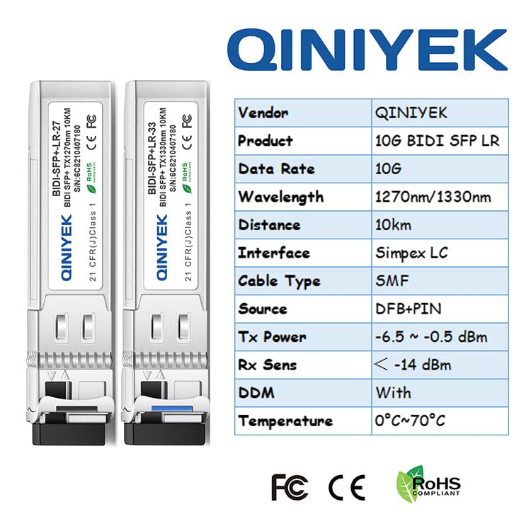 A Pair of 10G SFP LR BIDI Module, BIDI GBIC 1330nm-TX/1270nm-RX, SMF, up to 10 km Compatible with Cisco SFP-10G-BXD-I/SFP-10G-BXU-I, for Cisco