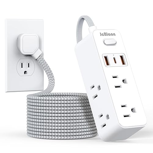 Extension Cord with Multiple outlets, 10 Ft Braided Power Cord, 6 Widely Outlets with 3 USB Ports (1 USB C), Ultra Thin Flat Plug, 3 Sided 1050J Power