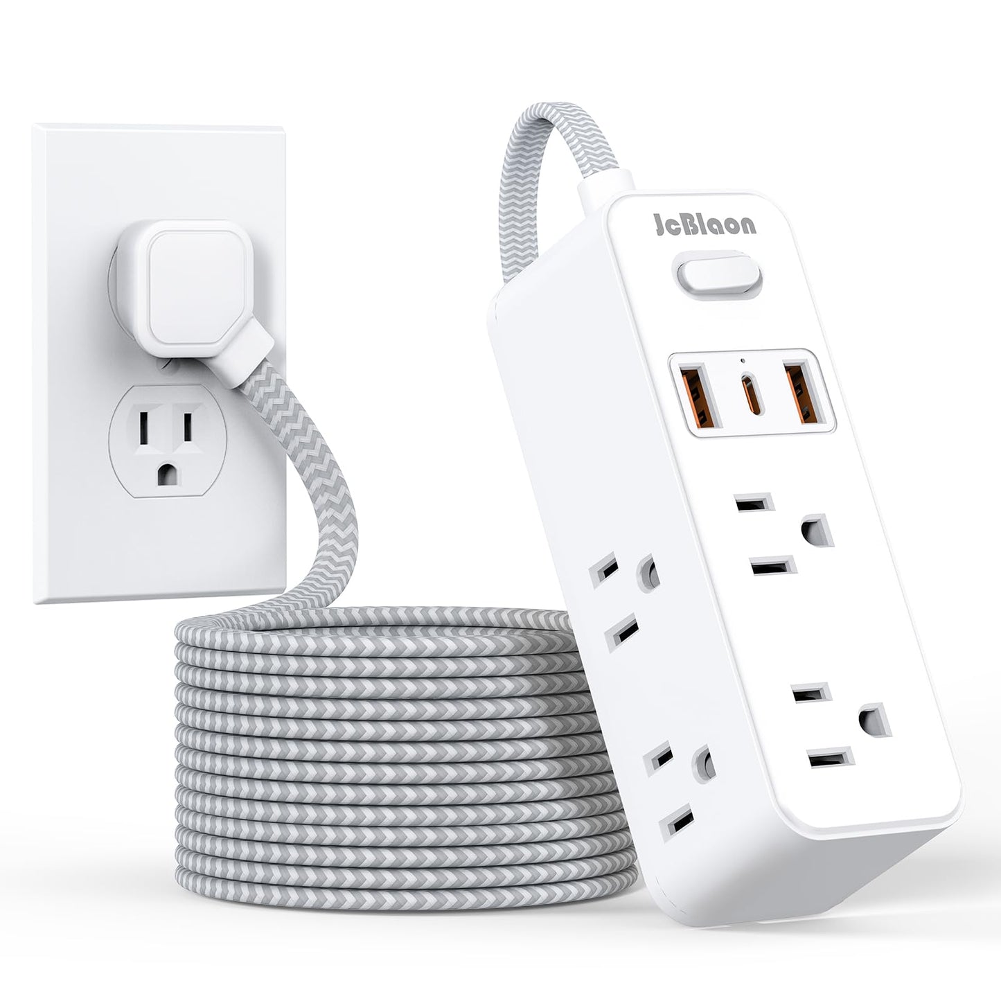 Extension Cord with Multiple outlets, 10 Ft Braided Power Cord, 6 Widely Outlets with 3 USB Ports (1 USB C), Ultra Thin Flat Plug, 3 Sided 1050J Power