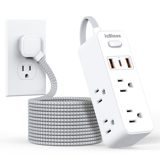 Extension Cord with Multiple outlets, 10 Ft Braided Power Cord, 6 Widely Outlets with 3 USB Ports (1 USB C), Ultra Thin Flat Plug, 3 Sided 1050J Power
