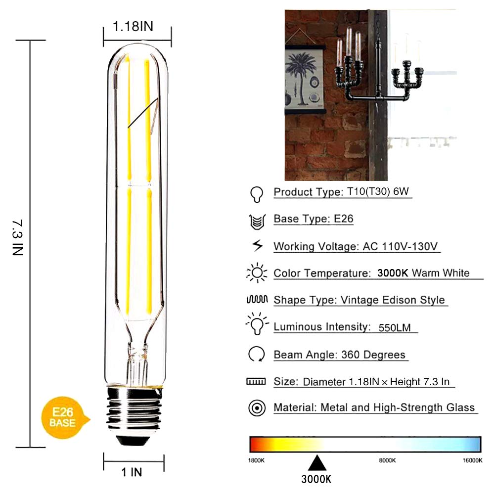 VCTC Lighting Dimmable 6W Tubular LED Bulbs, 3000K Warm White,Edison Style Filament Light Bulb, T10 Vintage Bulb 60 Watt Equivalent, E26 Medium Base