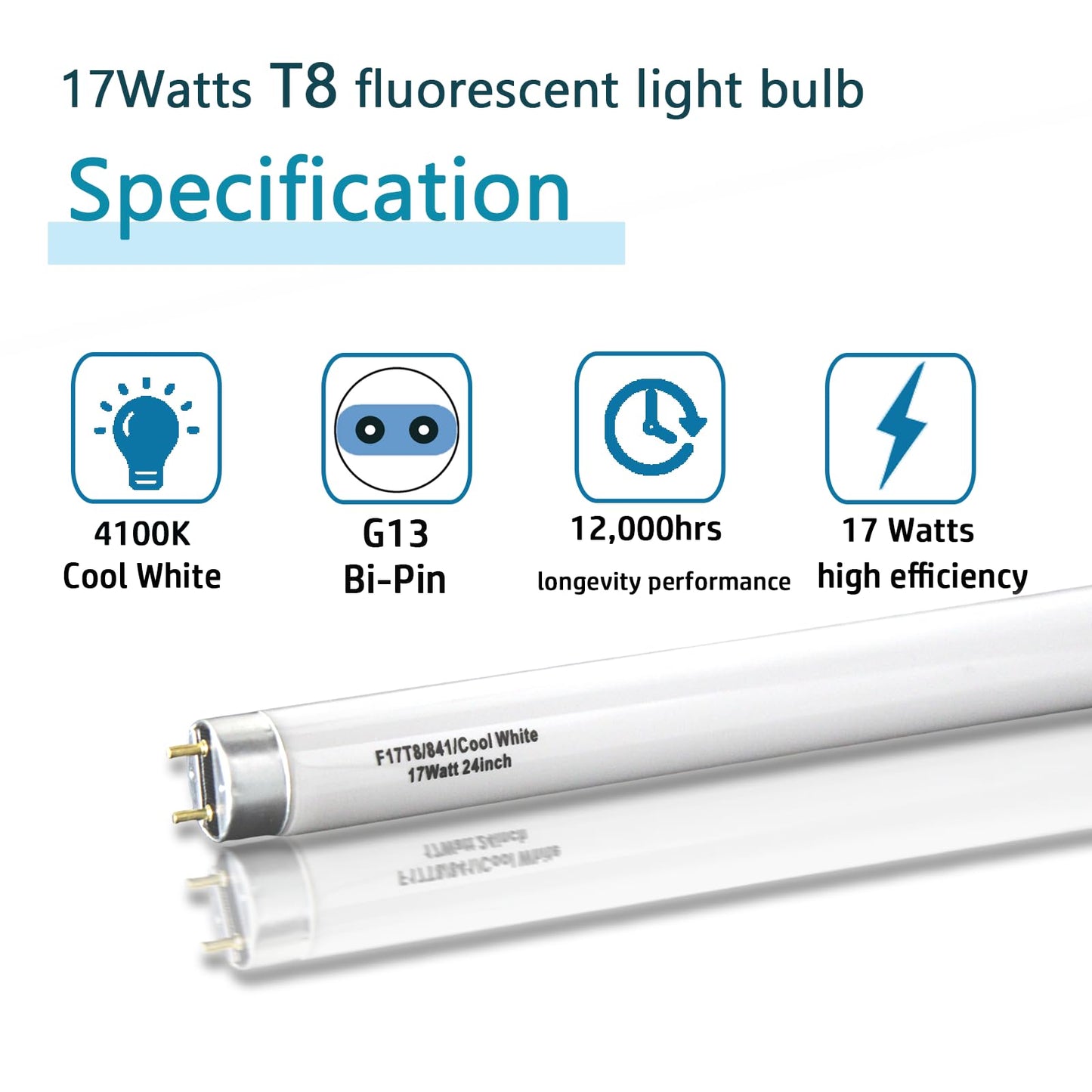 Cemlorot (12 Pack) 24 inch F17T8/841 Fluorescent Light Bulb,2ft 17Watts 4100K Cool White T8 Linear sp841 Tube, G13 Medium Bi-Pin Base