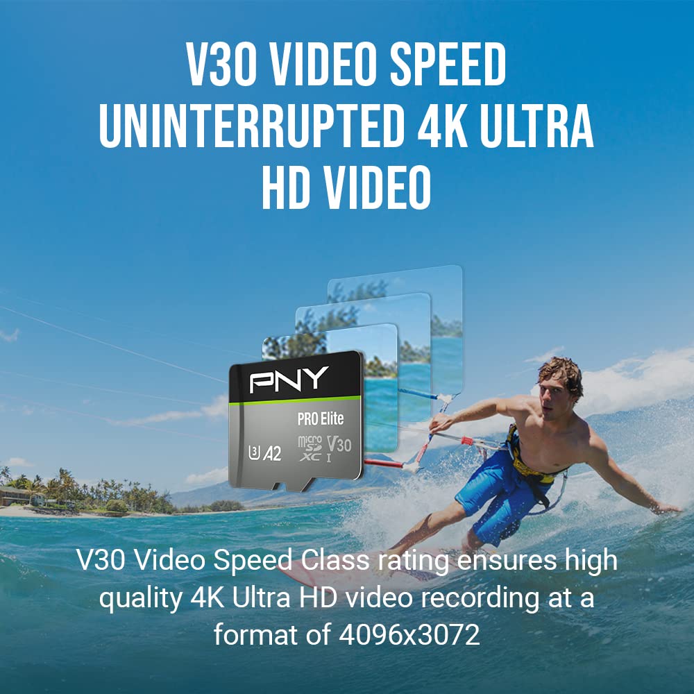 PNY P-SDUX512U3100PRO-GE 512GB PRO Elite Class 10 U3 V30 microSDXC Flash Memory Card - 100MB/s, Class 10, U3, V30, A2, 4K UHD, Full HD, UHS-I, Micro