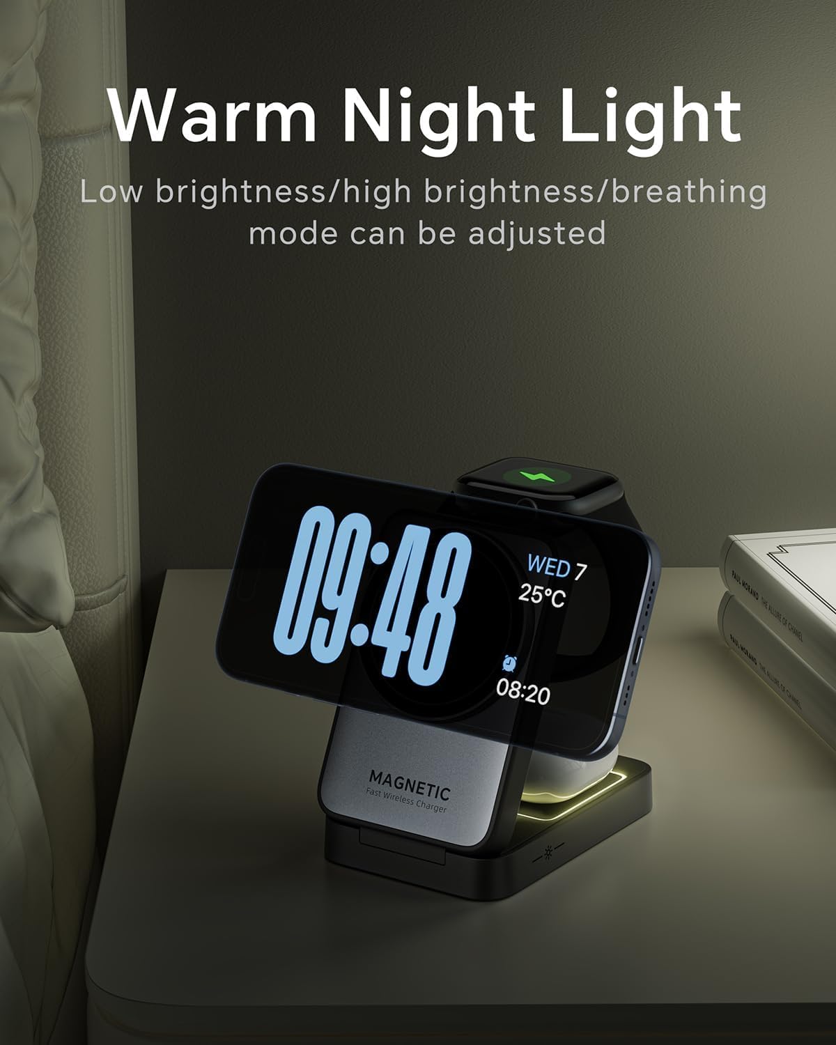 Upgraded Foldable Wireless Charger for iPhone,Travel Magnetic Charger Stand with Nightlight 3-in-1 Wireless Charging Station Compatible with Mag-Safe