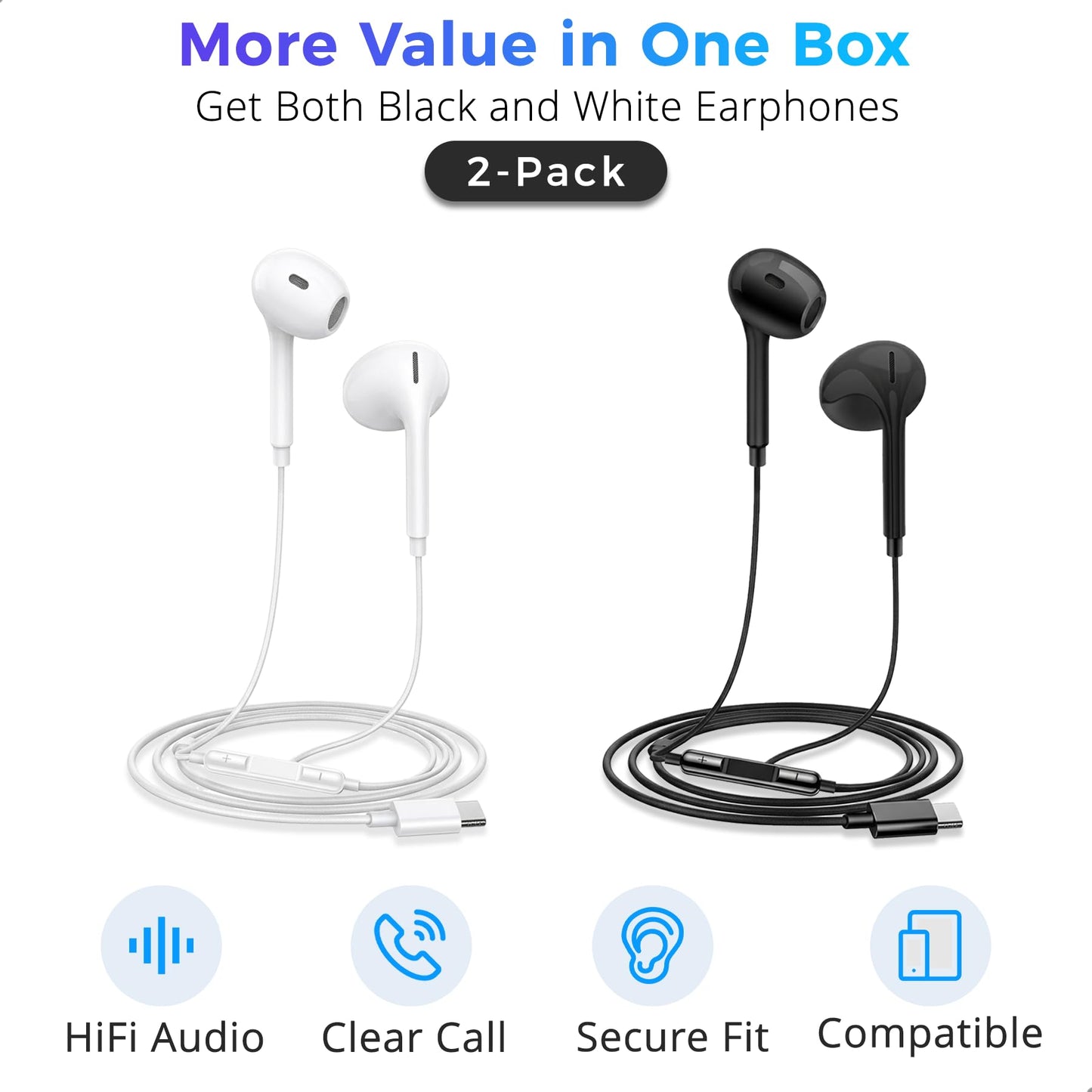 2-Pack USB C Headphones for iPhone 17 16 15 Pro Max Plus, for Apple Wired Earbuds with Mic & Volume Control, [HiFi] [Clear Call] USBC Earphones Wired