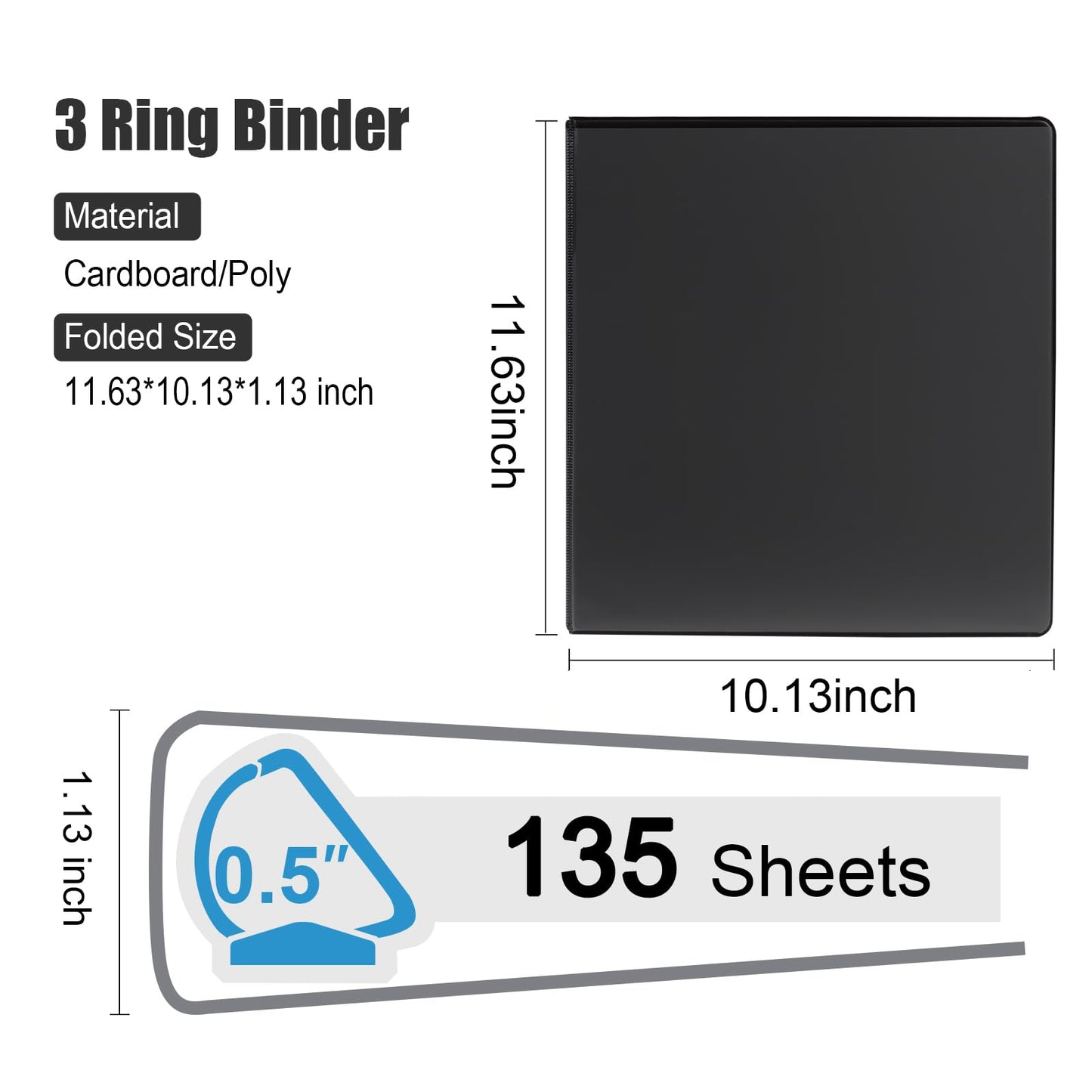 COMIX Heavy Duty 0.5 inch Slant-D Ring View Binder, 1/2 inch 3 Ring Binders, Hold 125 Sheets of 8.5" x 11" Paper, 8 Pack (Black)