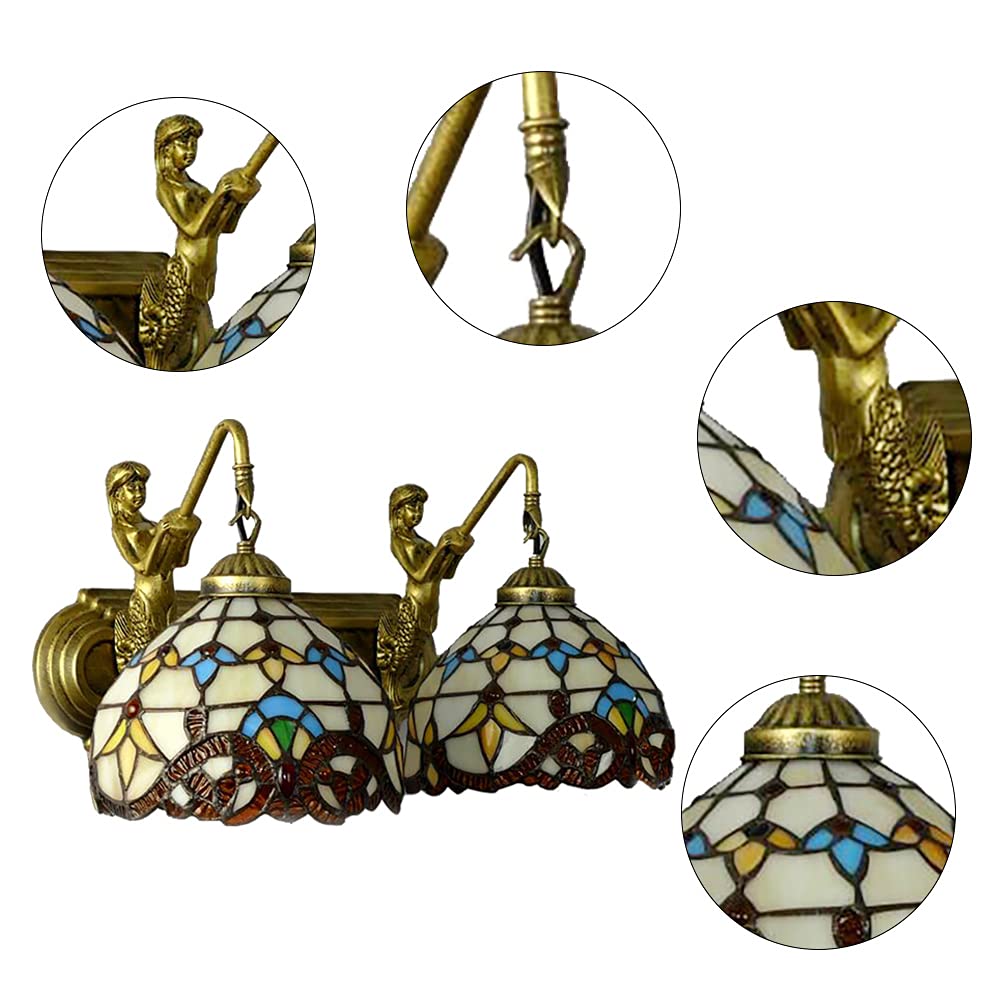 FFanhia Wall Sconce Vintage Style Stained Glass Bowl Wall Fixtures 2-Light Wall Light in Antique Brass with Mermaid for Bedroom Hallway Stairway