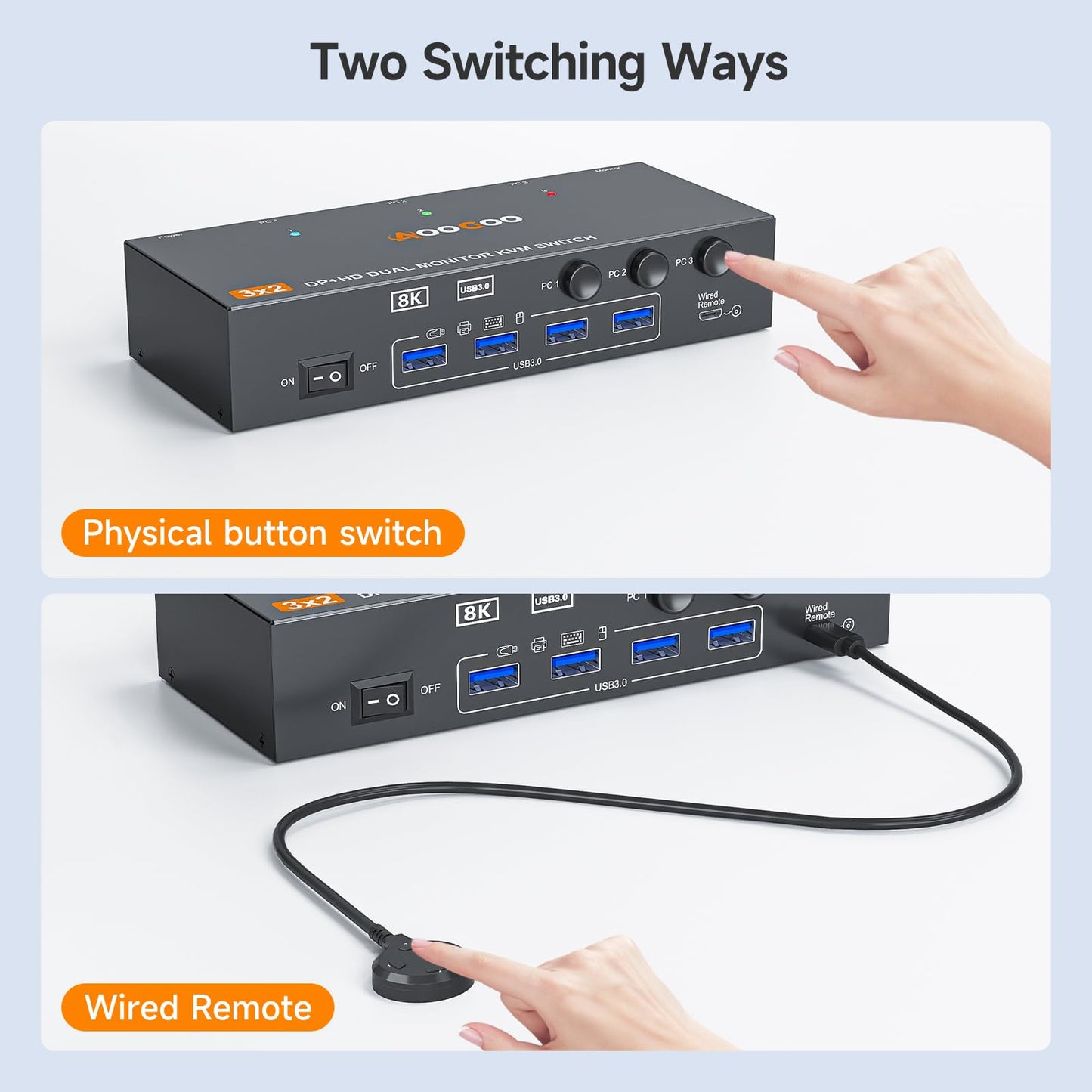 KVM Switch 2 Monitors 3 Computers 8K@60Hz/4K144Hz,DP+HDMI USB3.0 Dual Monitors KVM Switches with 4 USB 3.0 Port,Wired Remote,USB3.0 Cables Included(8K