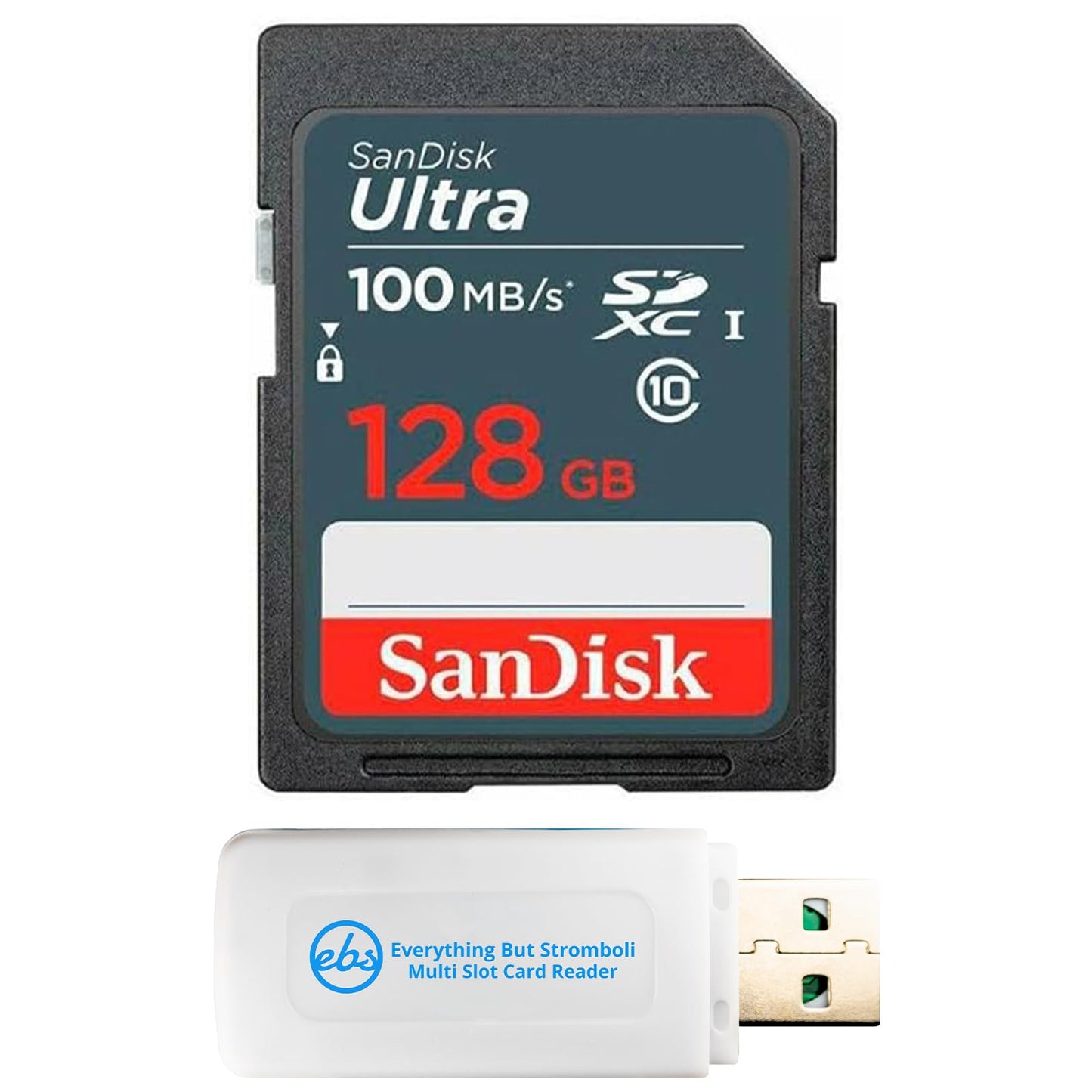 SanDisk 128GB UHS-I Ultra Memory Card SDXC Class 10 Card SDSDUNR-128G-GN3IN - Bundle with 1 Everything But Stromboli SD & MicroSD Memory Card Reader