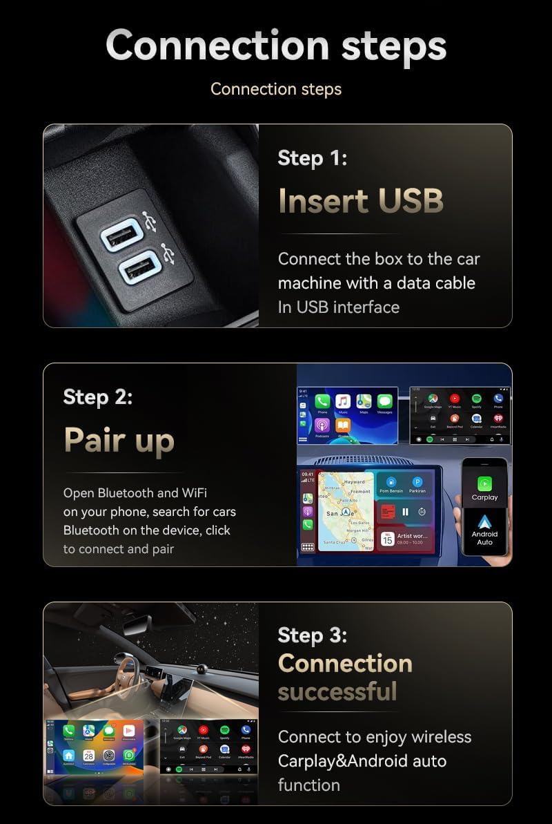 Mini Wireless CarPlay Adapter Wired to Wireless for CarPlay & Android Auto Plug and Play Fast Auto-Reconnect Stable Control Zero Delay Carplay