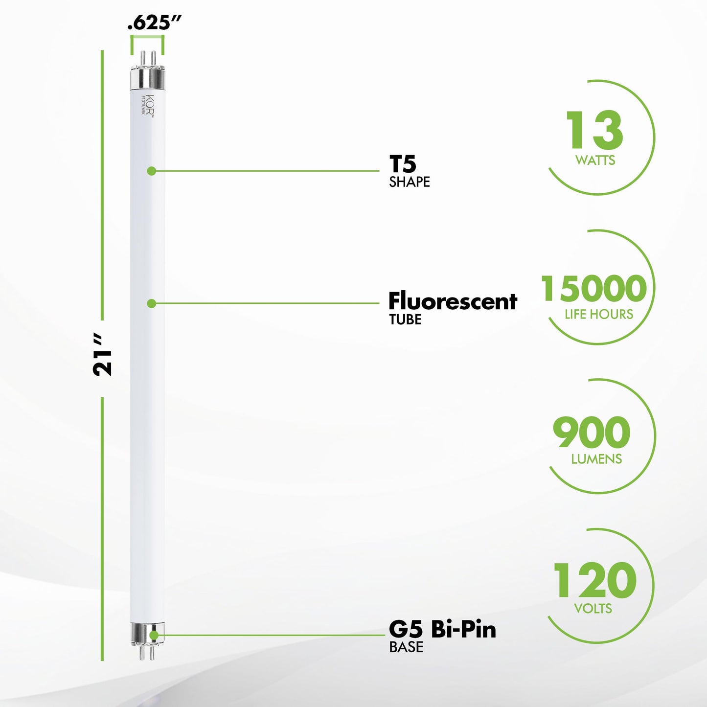 KOR F13T5/D T5 Fluorescent Tubes, 13W, 6500K Bright White Daylight, 6-Pack