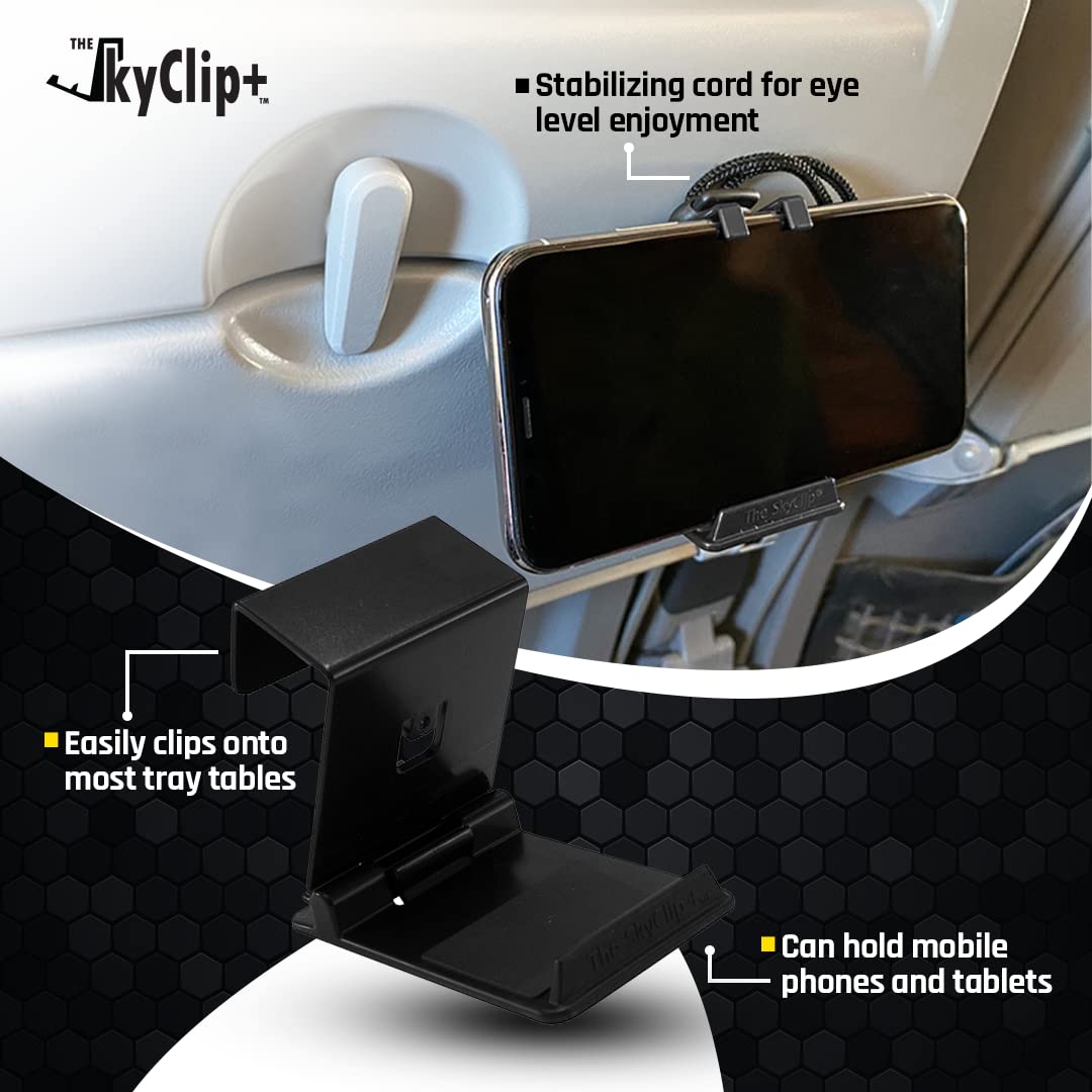 The SkyClip+ Phone & Tablet Holder for Air Travel, Home and Office Use - Inflight Phone Mount & Stand Compatible with iPhone, Android, Kindle
