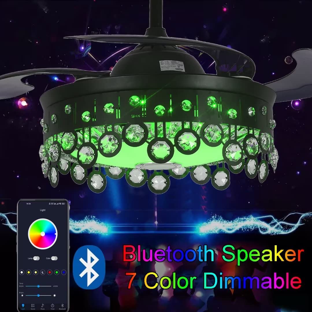 mfanchan 42 Inch Retractable Fan Ceiling Light, Fan Fandelier with Speaker